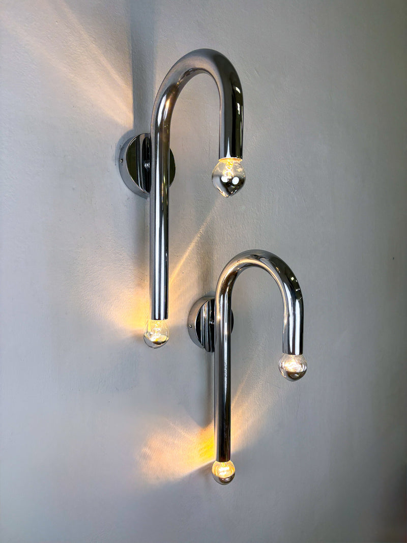 Pair of Space-Age Tubular Wall Lights, Chromed Metal, Italy, 1970s — lifestyle setting