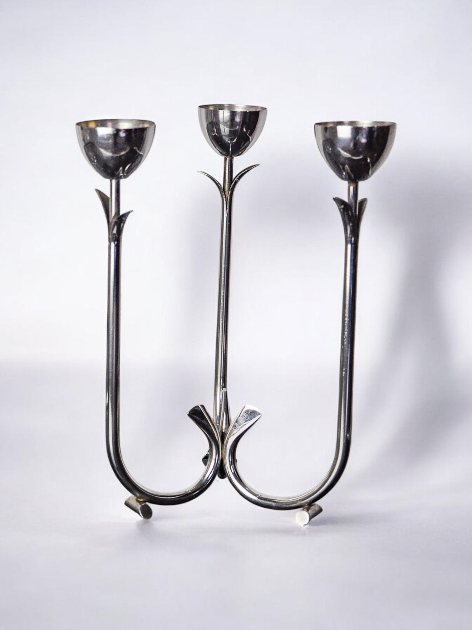 Art deco stainless steel 3-flame candlestick, Spain, 1970 by Malamar Studio | The Oblist