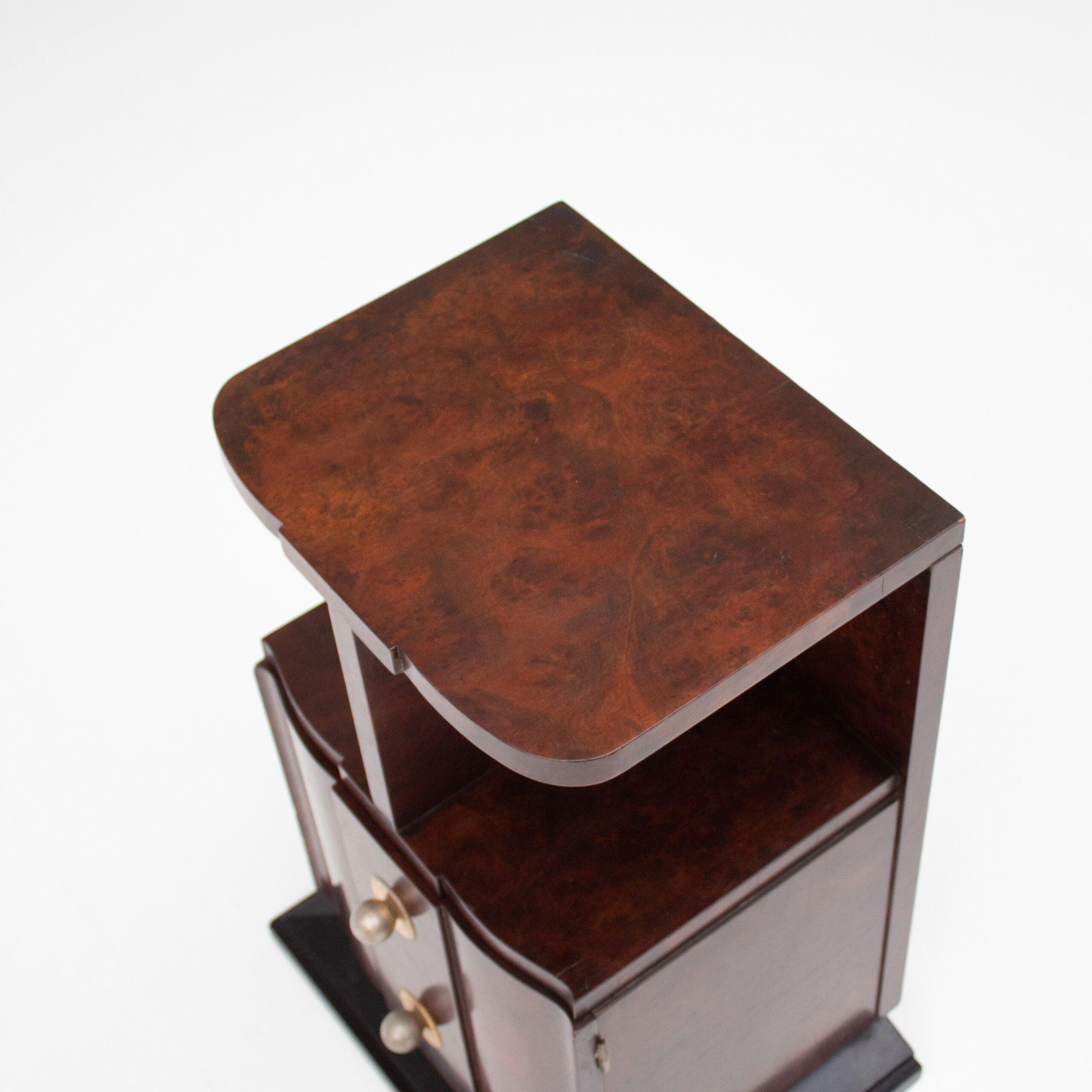 Art Deco Bedside Cabinet in Burr Walnut with Brass Hardware — lifestyle setting