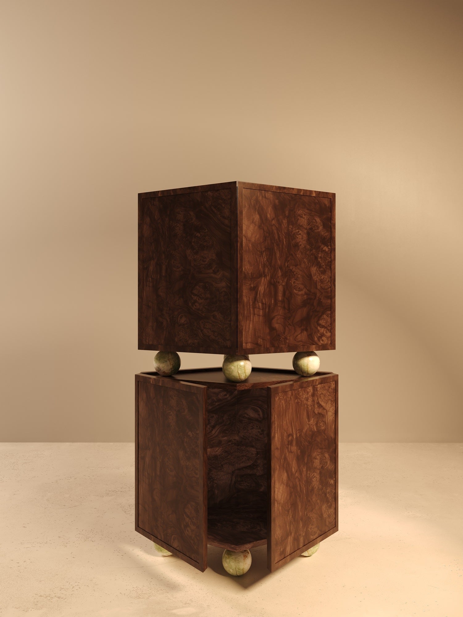 ORO I – Walnut Burl Veneer Cabinet with Onyx Spheres — close-up