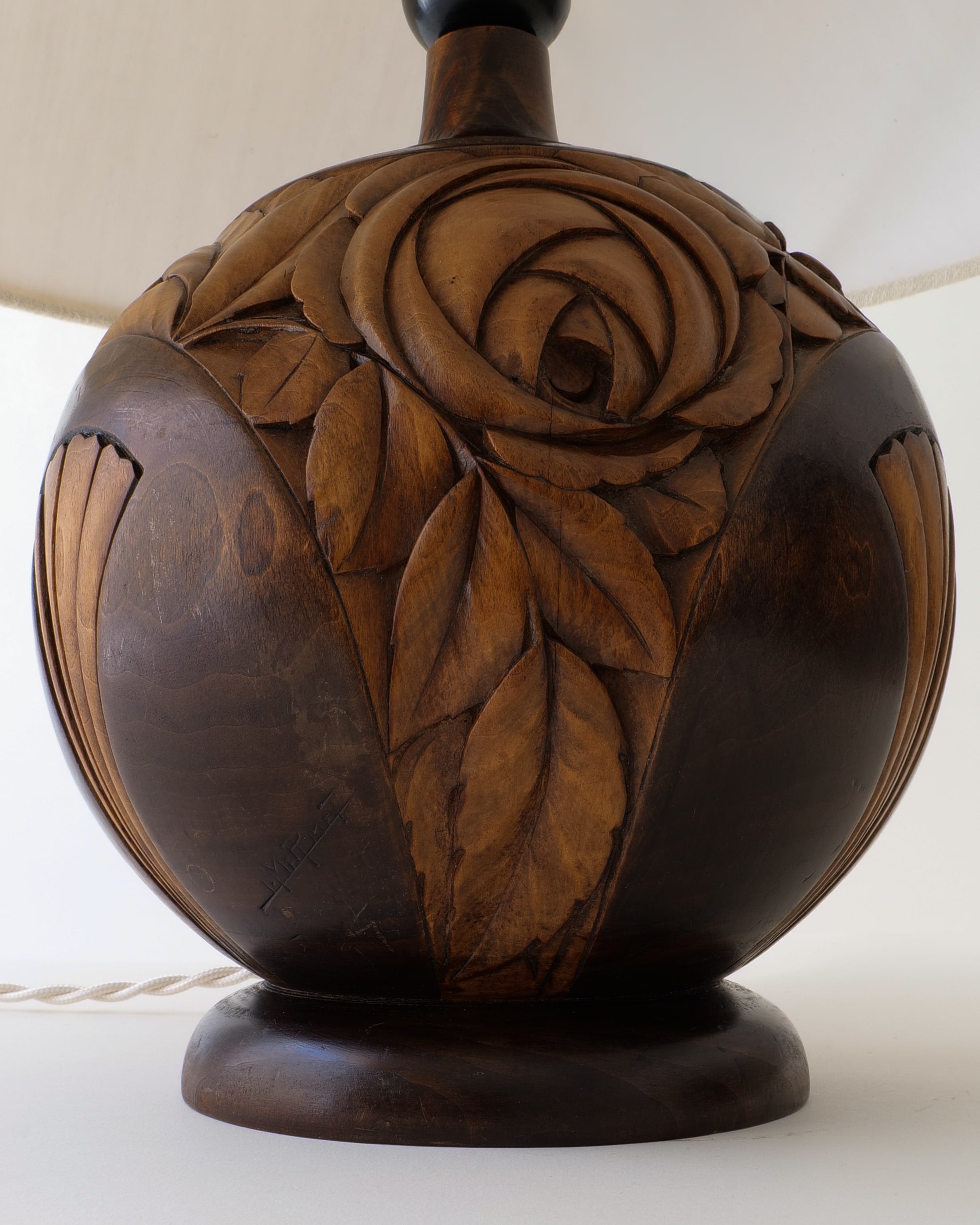 Art Deco Carved Wood Table Lamp c.1925 — detail view