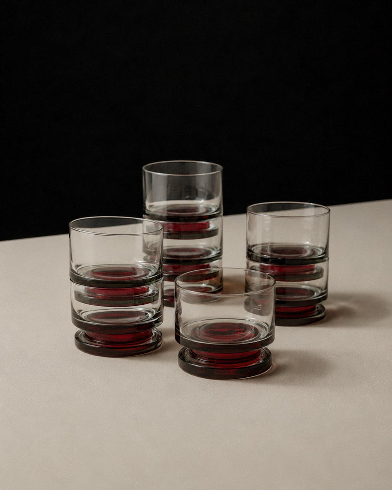 Vintage 1970s Drinking Glasses Set of 8, Grey Glass with Red Stem, Wide Bowls for Champagne Wine or Desserts, Retro Table Decor, Gift Idea by Bottega Jacobs