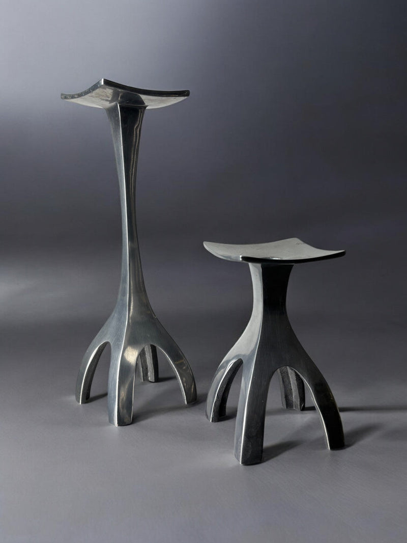 Pair of Biomorphic candleholders, solid aluminum, Spain, 1970's by Malamar Studio | The Oblist
