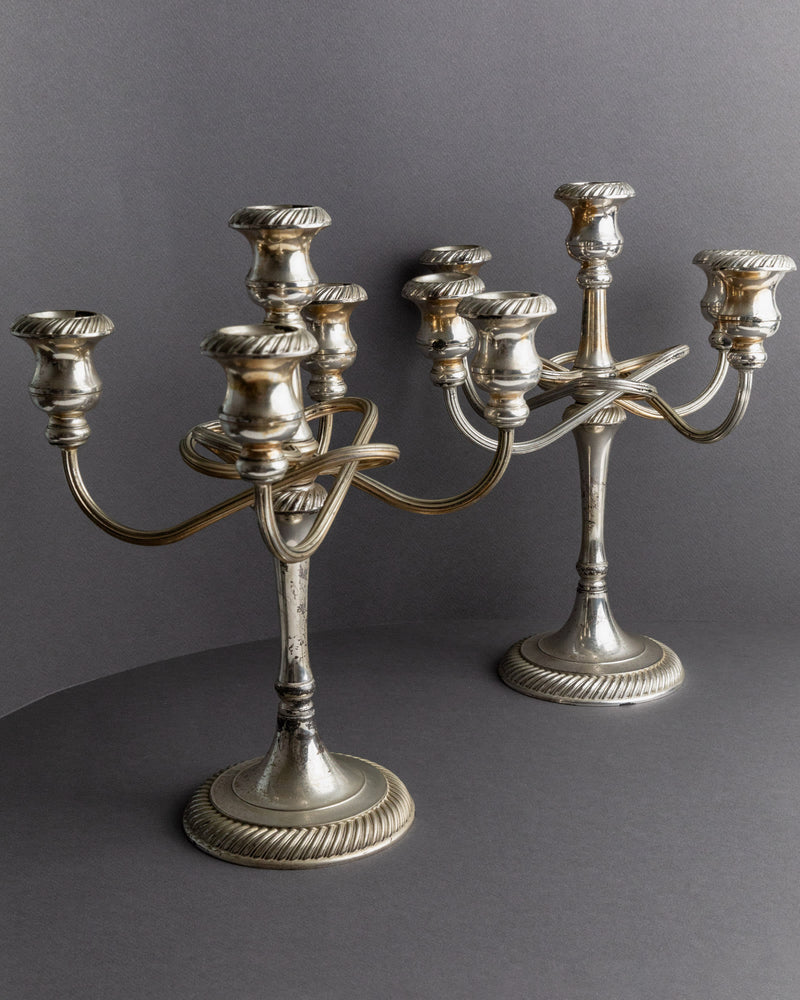 Vintage 1950s Silver Plated Candleholders, Set of 2, Large Five Arm Curved Design — close-up of silver finish and arm details