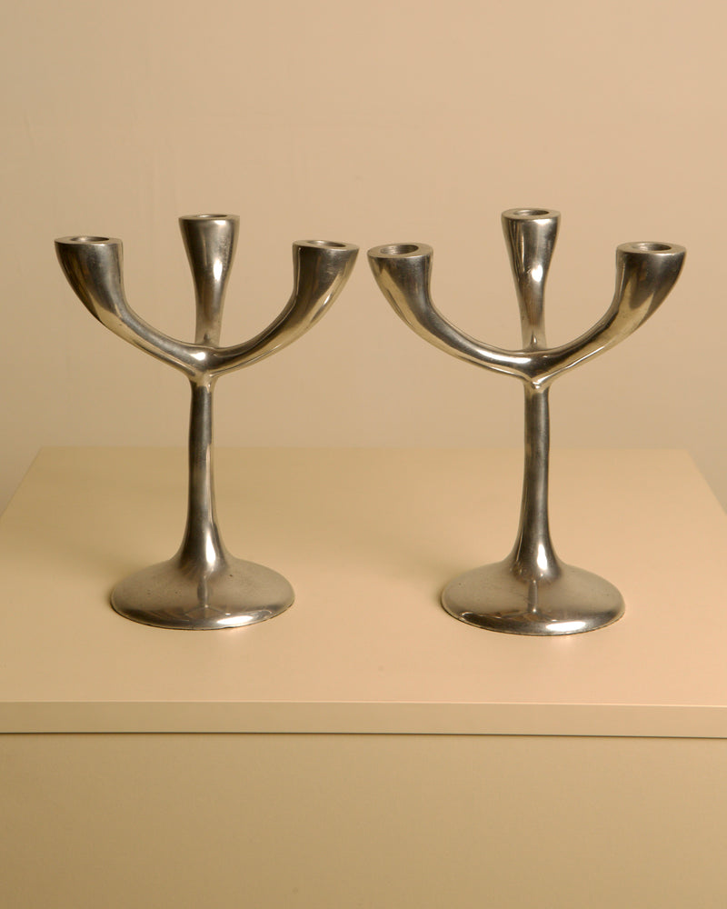 Pair of Italian "Tree" candlesticks from the 70s by Treaptyque | The Oblist — polished metal, vintage design