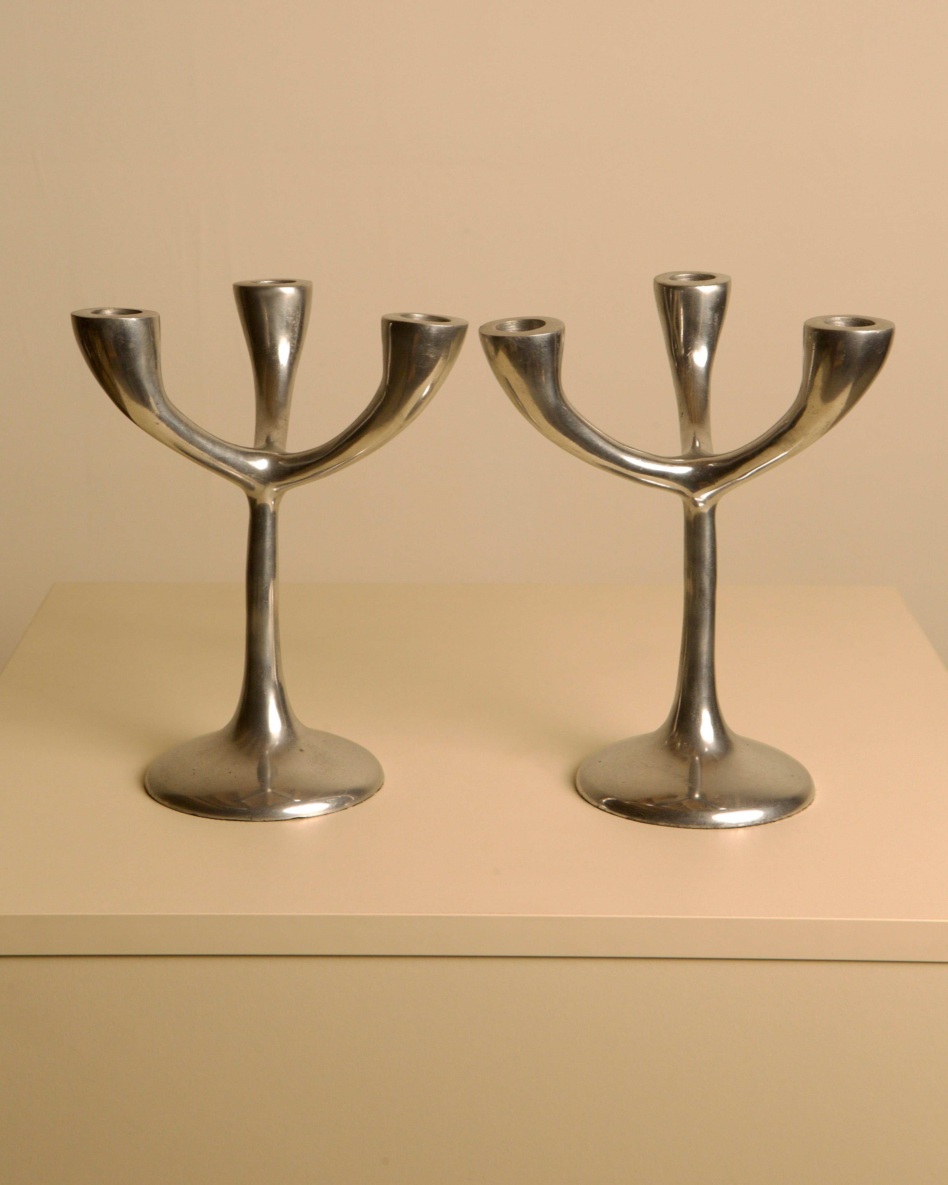 Pair of Italian "Tree" candlesticks from the 70s by Treaptyque | The Oblist — polished metal, vintage design