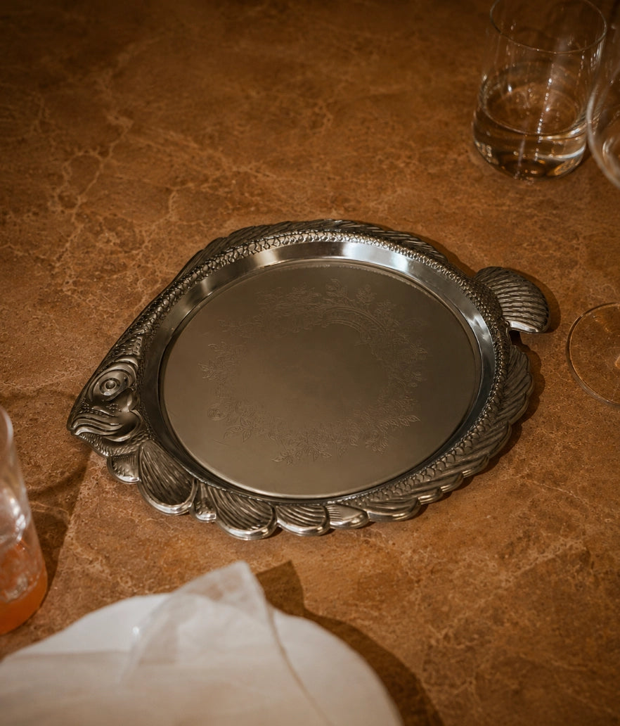 1980s French Vintage Aluminum Fish Tray — detail view