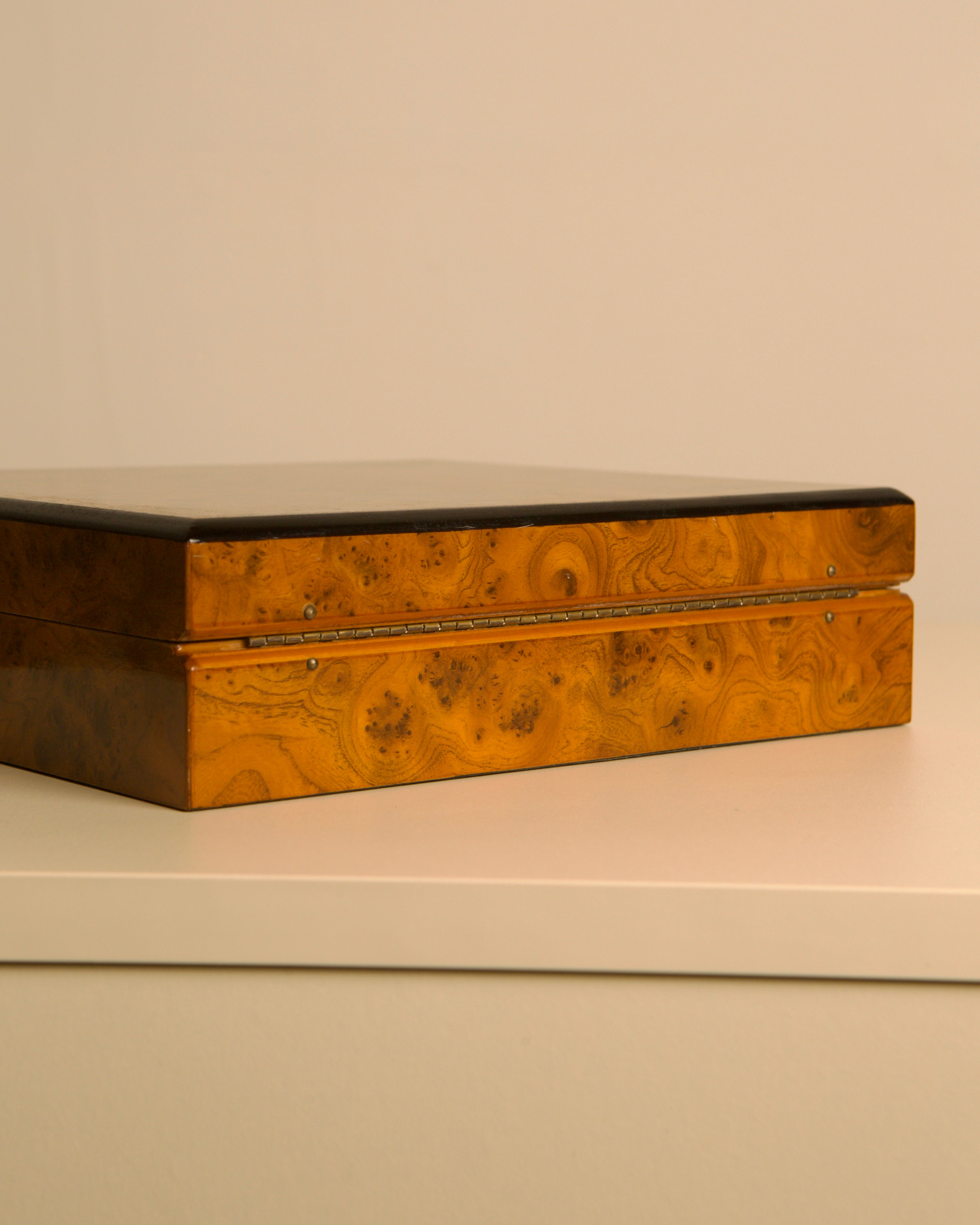 Large Italian Light Brown Elm Wood Box 60s — back view showing smooth wood grain
