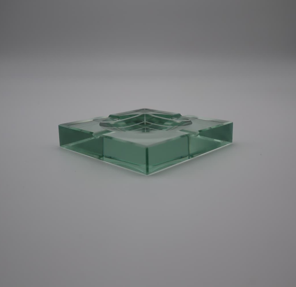 Fontana Arte Green Crystal Ashtray – Italian Mid Century Modern Glass – 1960s Vintage — side angle