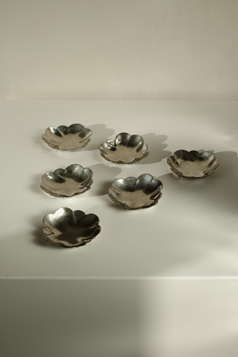 Set of 6 Small Dishes — close-up of silver-toned metal dishes on white surface
