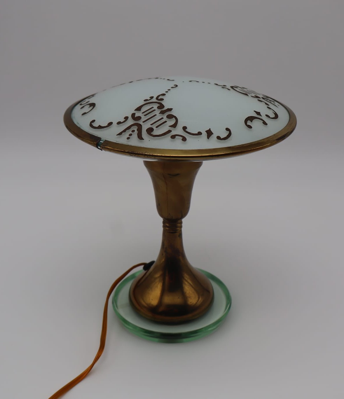 Italian Small Table Lamp, Brass, Glass, Italy, 1940s — top view highlighting glass shade design