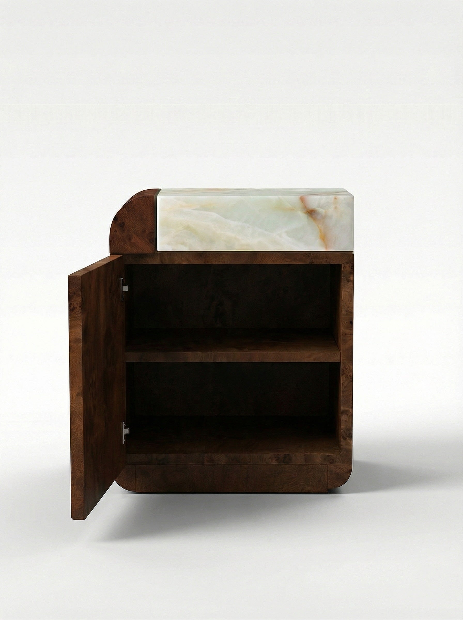 Amo Burl Wood and Green Onyx Storage Table — side angle with open storage compartment