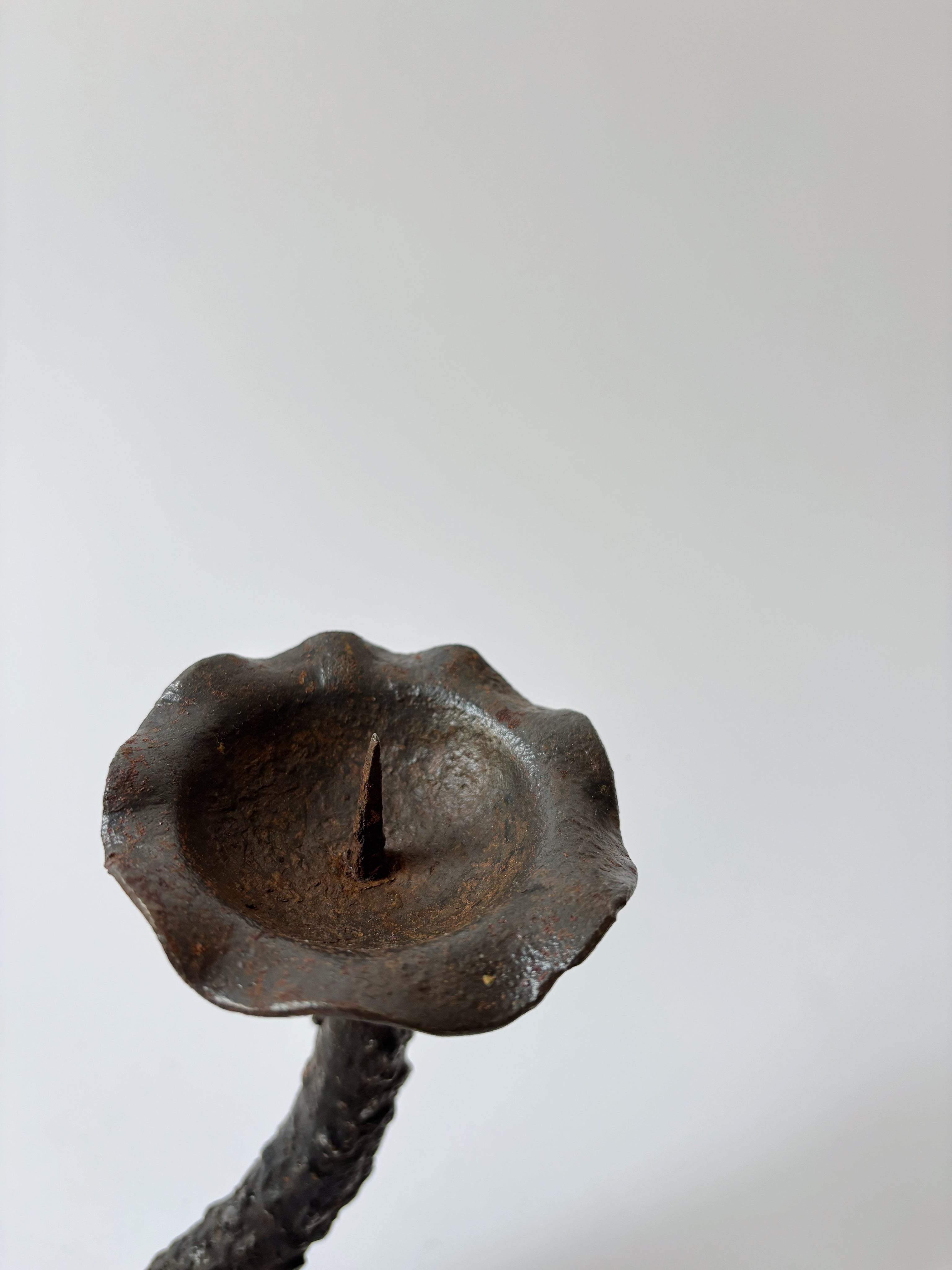 Metal Textured Artisan Candlestick, Poland — back view of dark metal finish