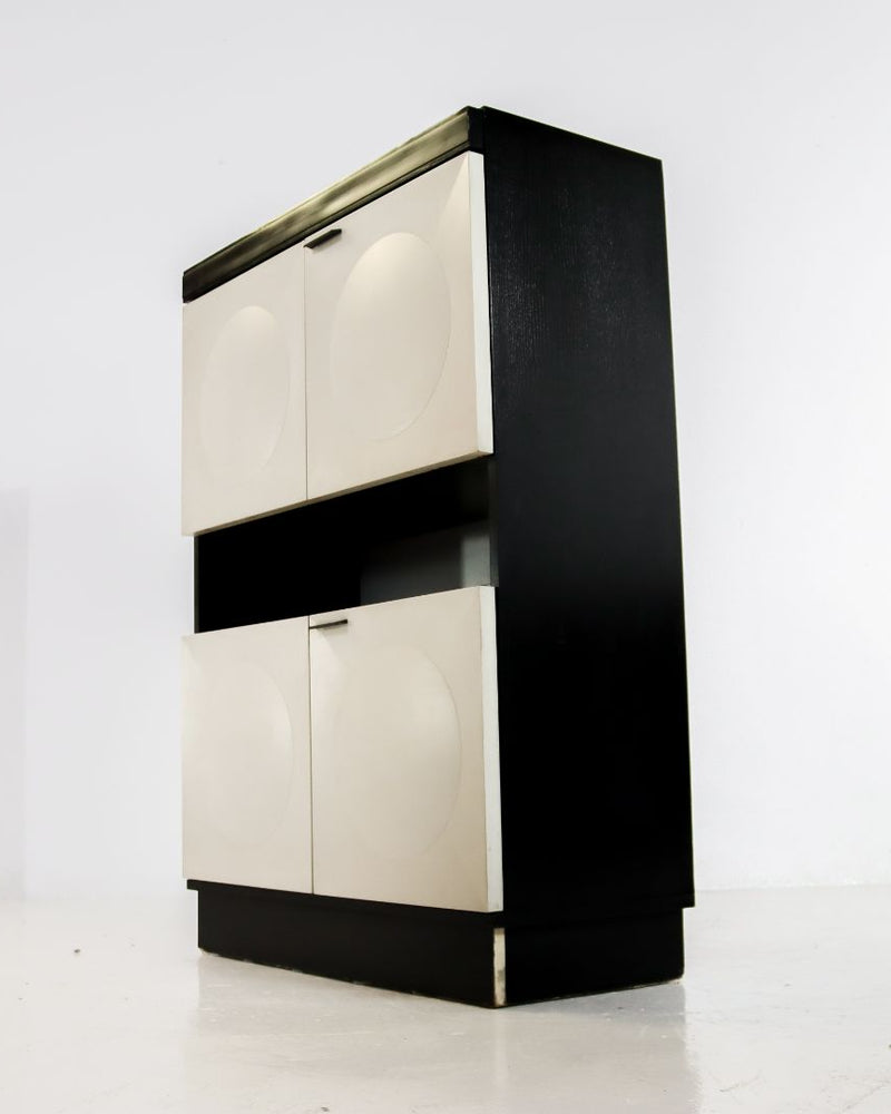 Brutalist bar cabinet 1970s black wood frame cream doors profile