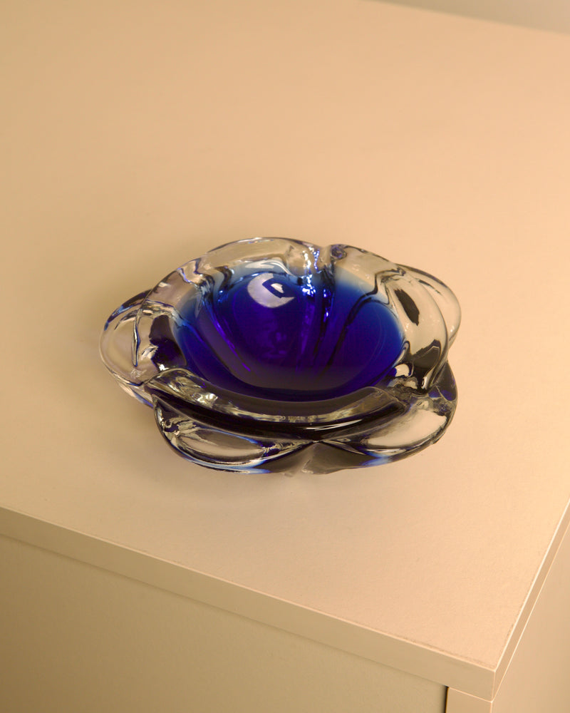 80's Blue Murano Glass "Flower" Ashtray by Treaptyque | The Oblist — handcrafted glass, blue color