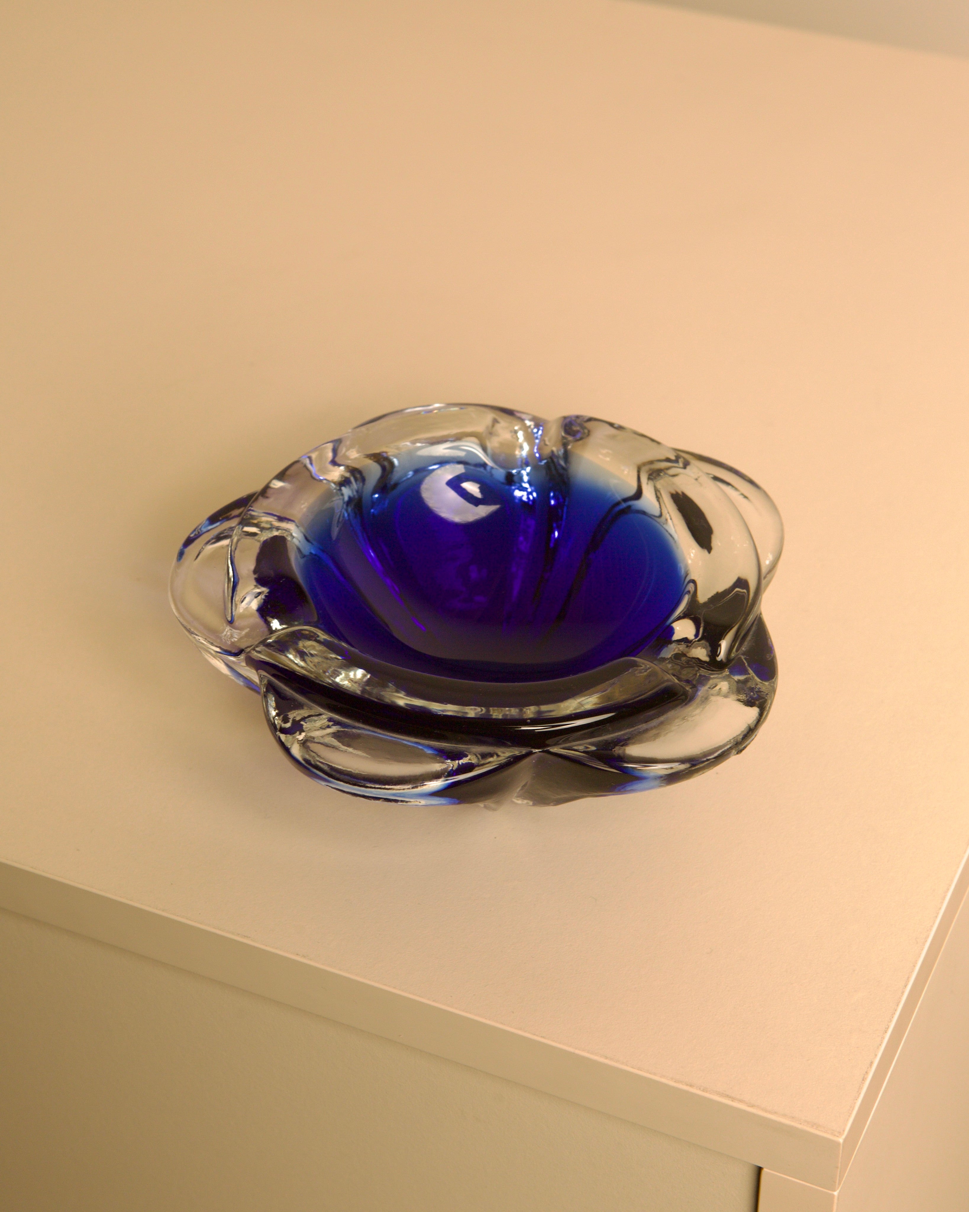 80's Blue Murano Glass "Flower" Ashtray by Treaptyque | The Oblist — handcrafted glass, blue color