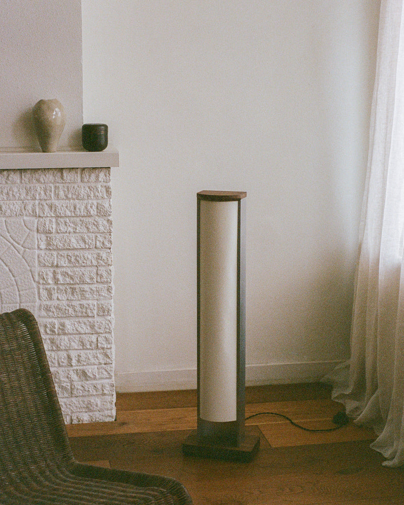 Aluminium Floor Lamp — close-up of white shade in living room