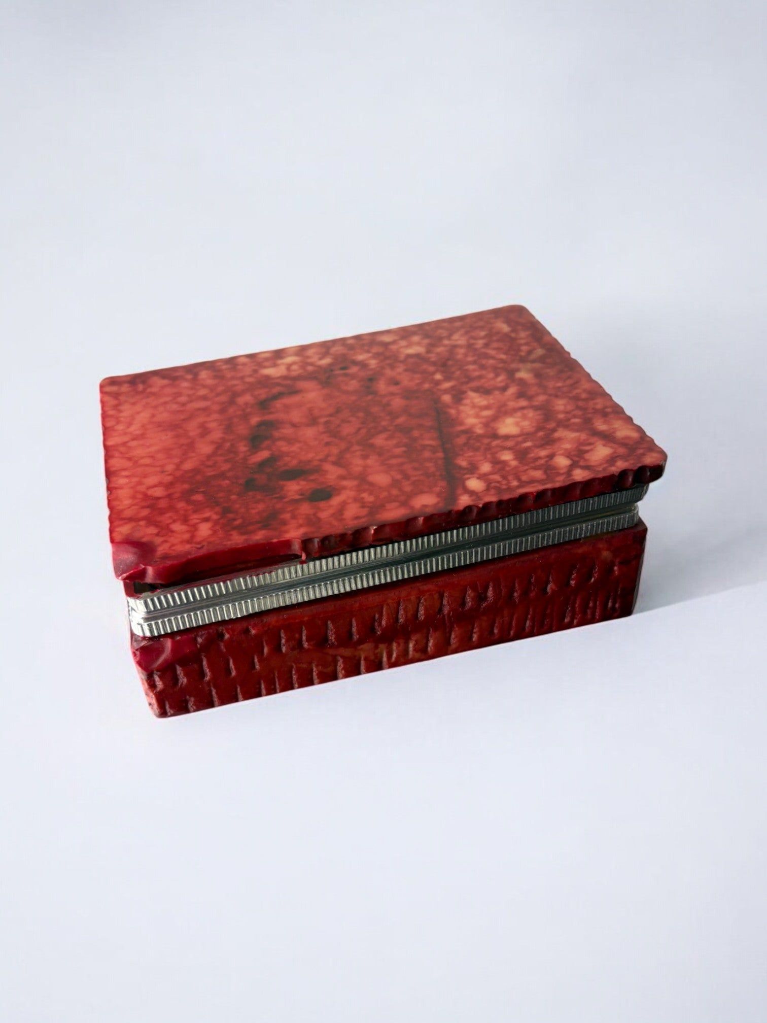 Red Faux Alabaster Box by Romano Bianchi, Italy, 1970s — angled view highlighting textured surface