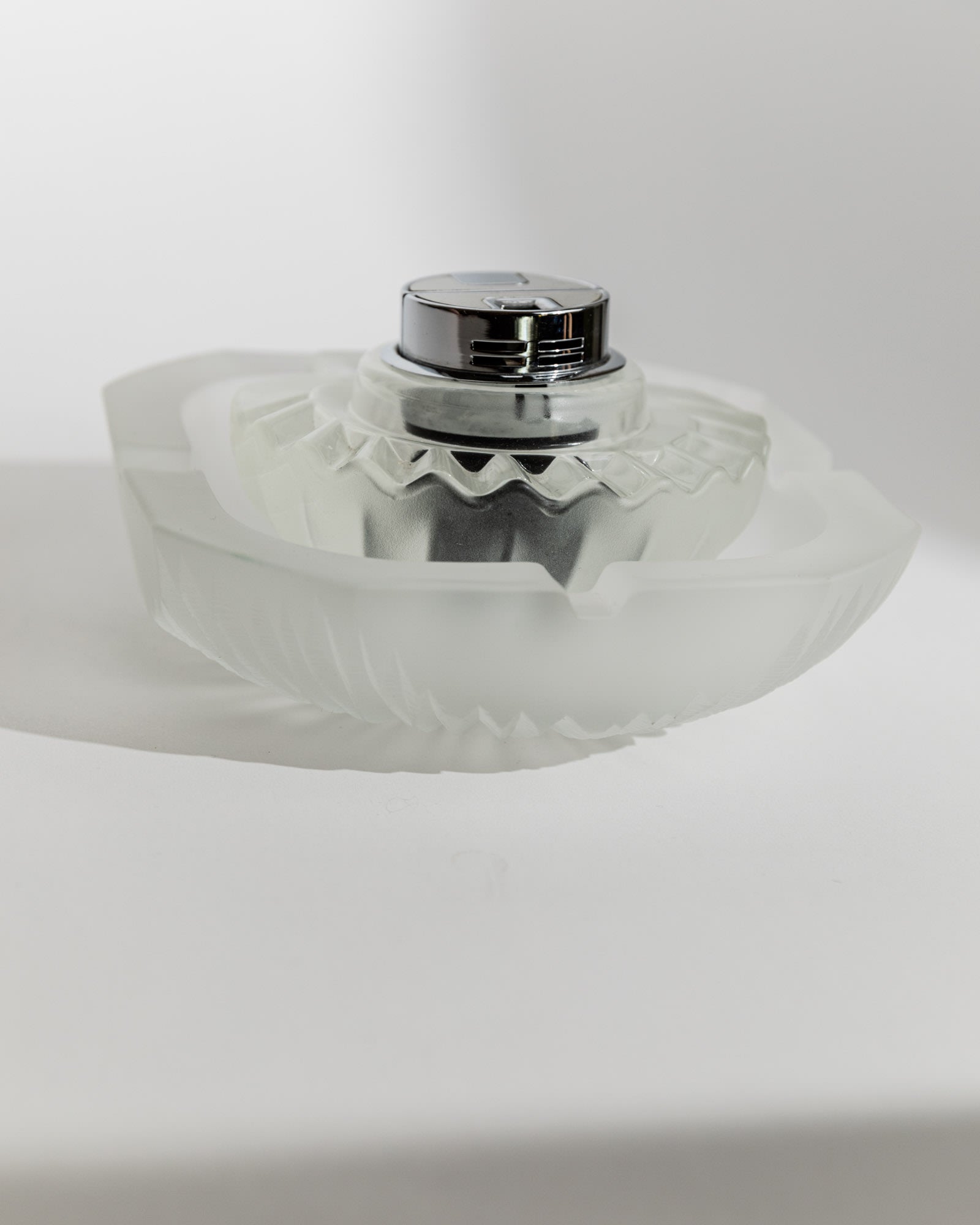 Vintage 1970s Smoking Set, Ashtray and Table Lighter, Frosted Textured Glass, Shell Shape — back view highlighting frosted gl