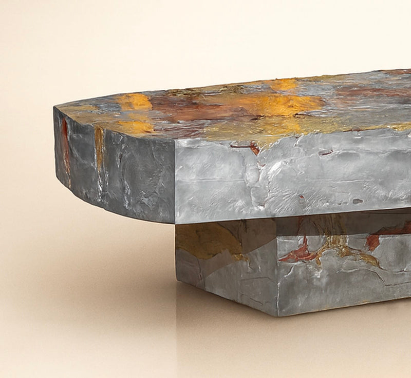 Corner detail view of Elemental Patchwork resin coffee table