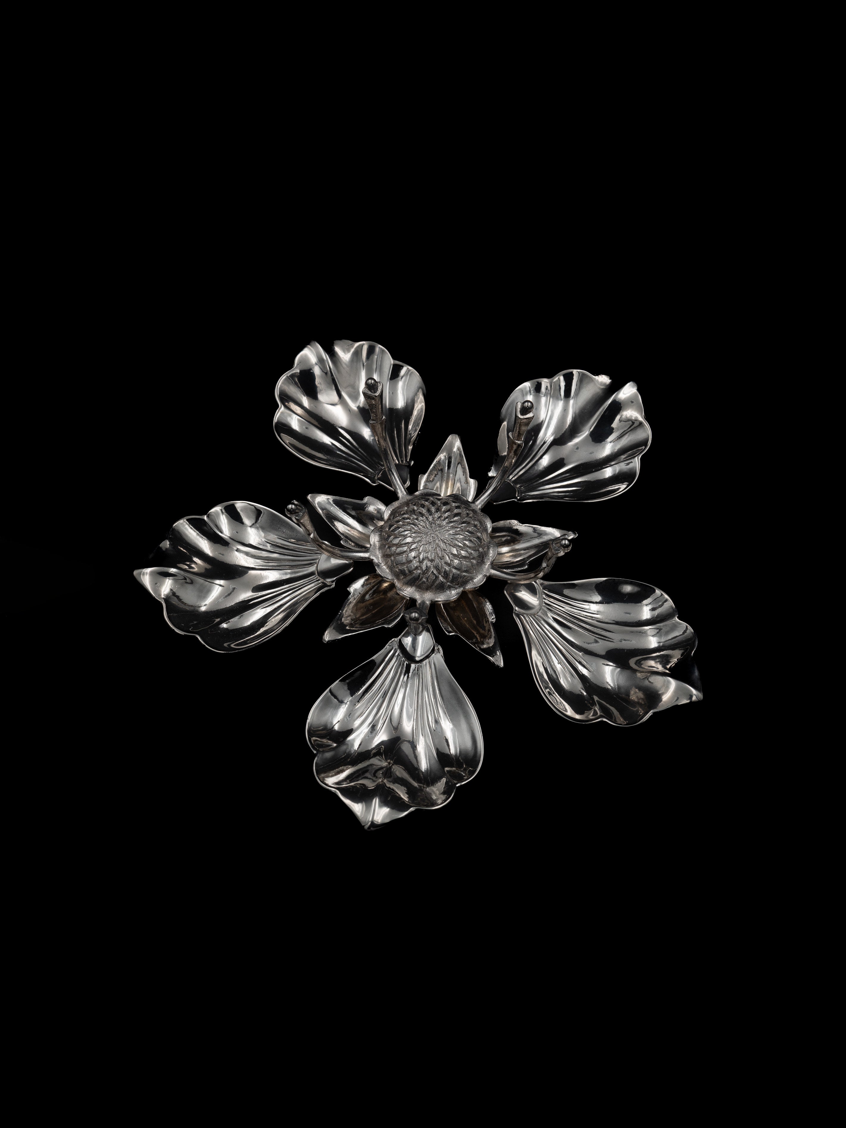 Silver-Plated Magnolia Flower Ashtray, Italy, c. 1960s — top view highlighting floral design