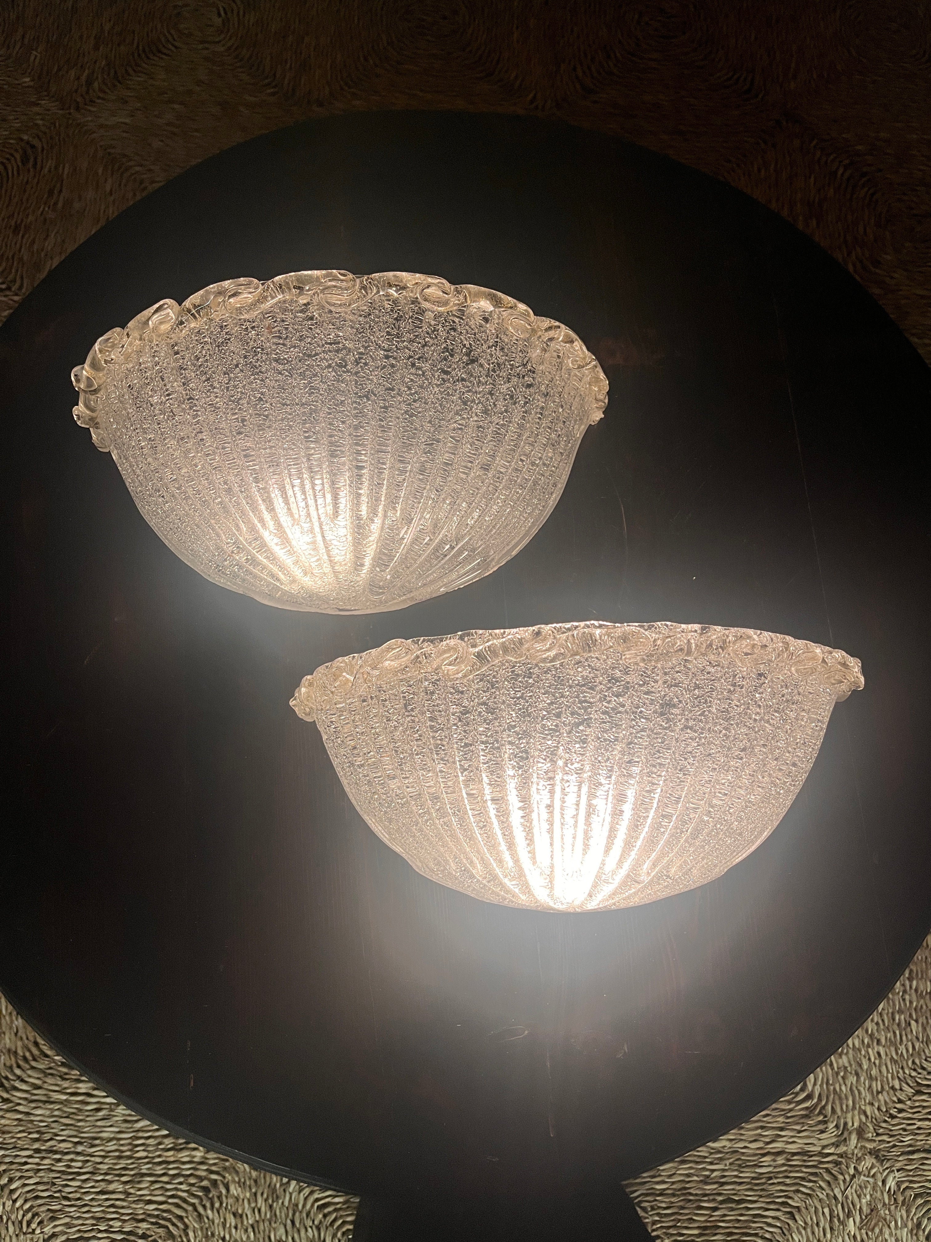 Large Pair of Murano 'Graniglia' Glass Scalloped Wall Lights — overhead view showing textured glass detail