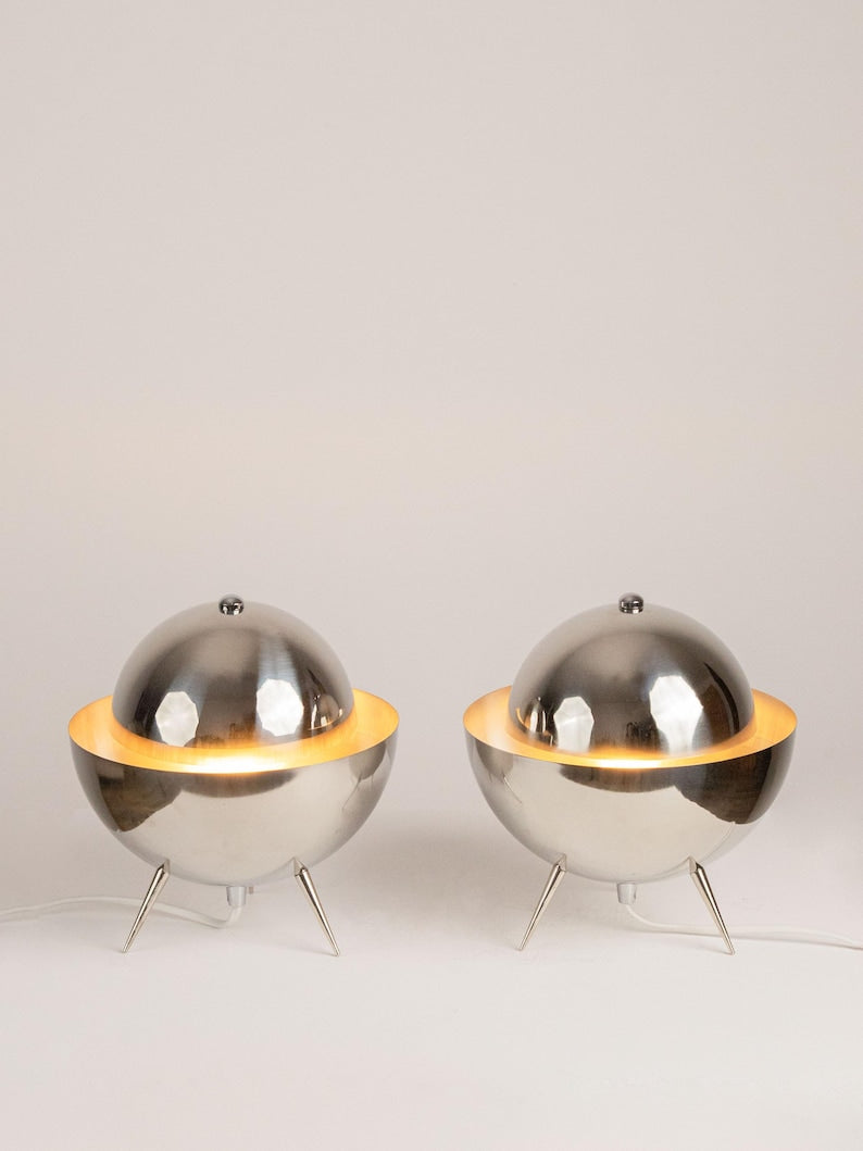 Vintage Chrome UFO Table Lamps — detail view