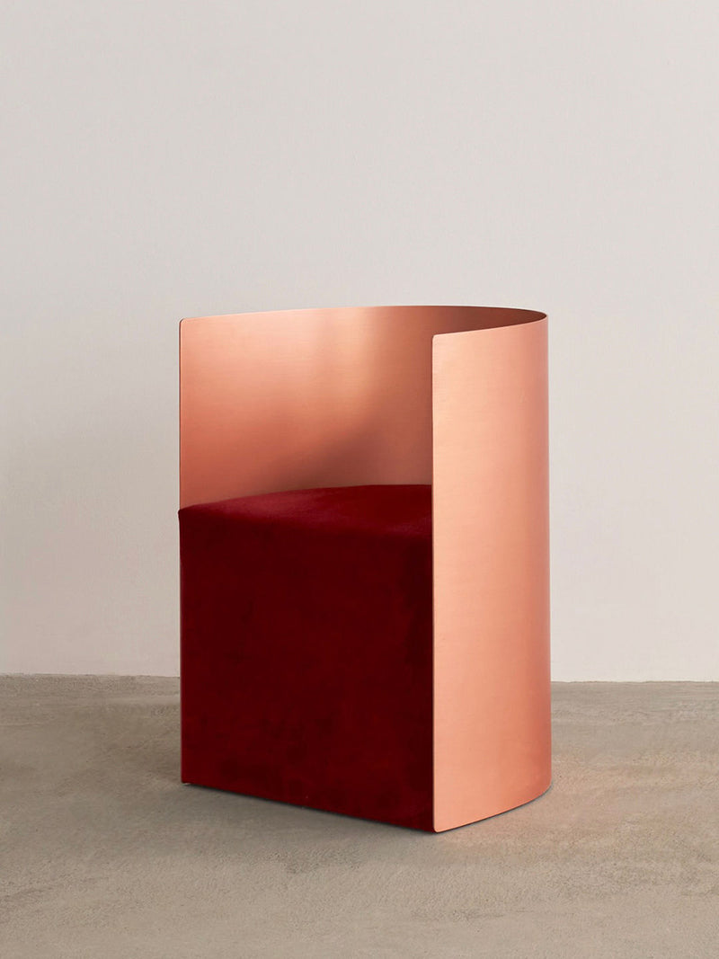 Luna Chair' by ZAROLAT Studio | The Oblist — copper finish, red upholstery
