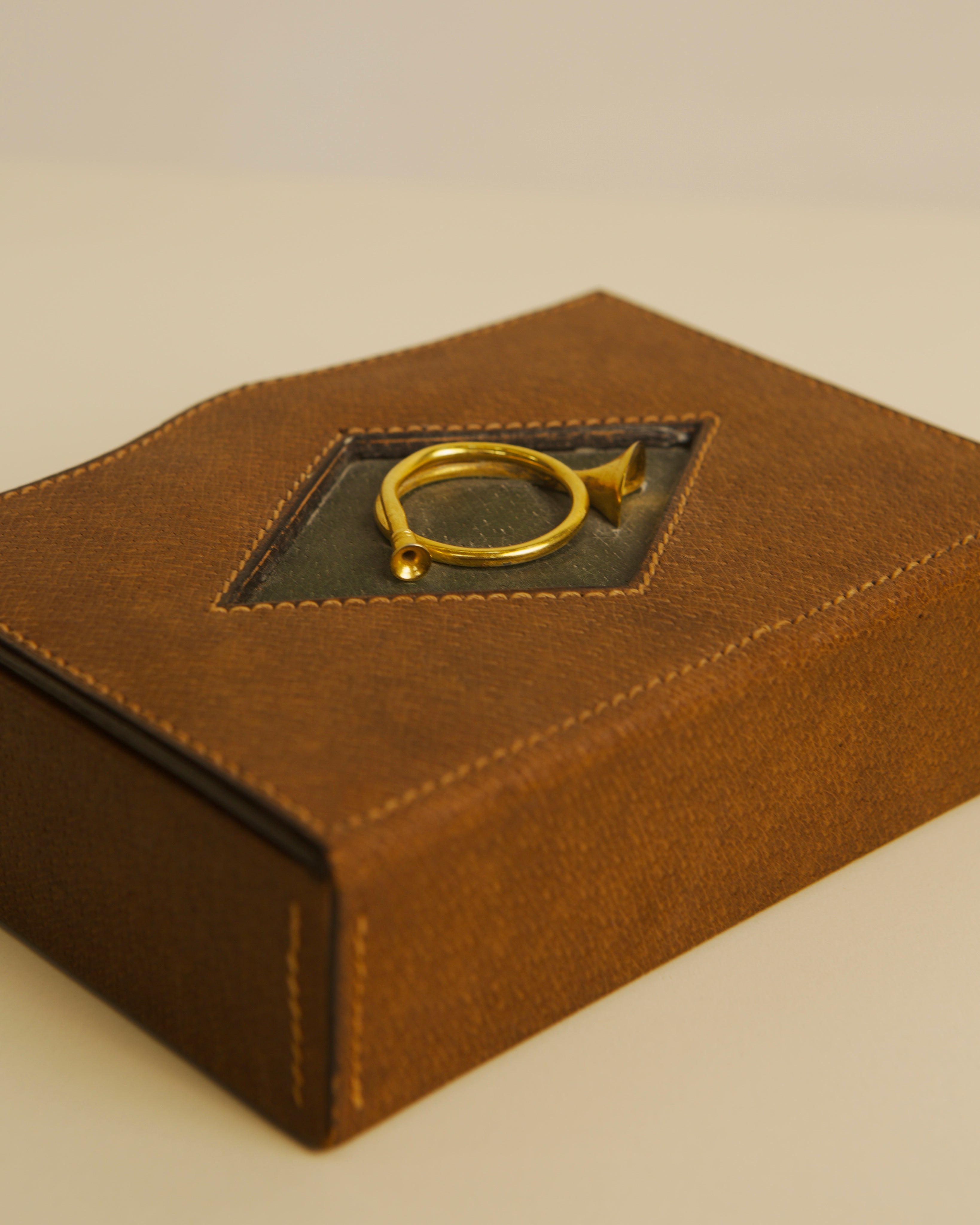 Gold ring handle detail on vintage Gucci brown leather box