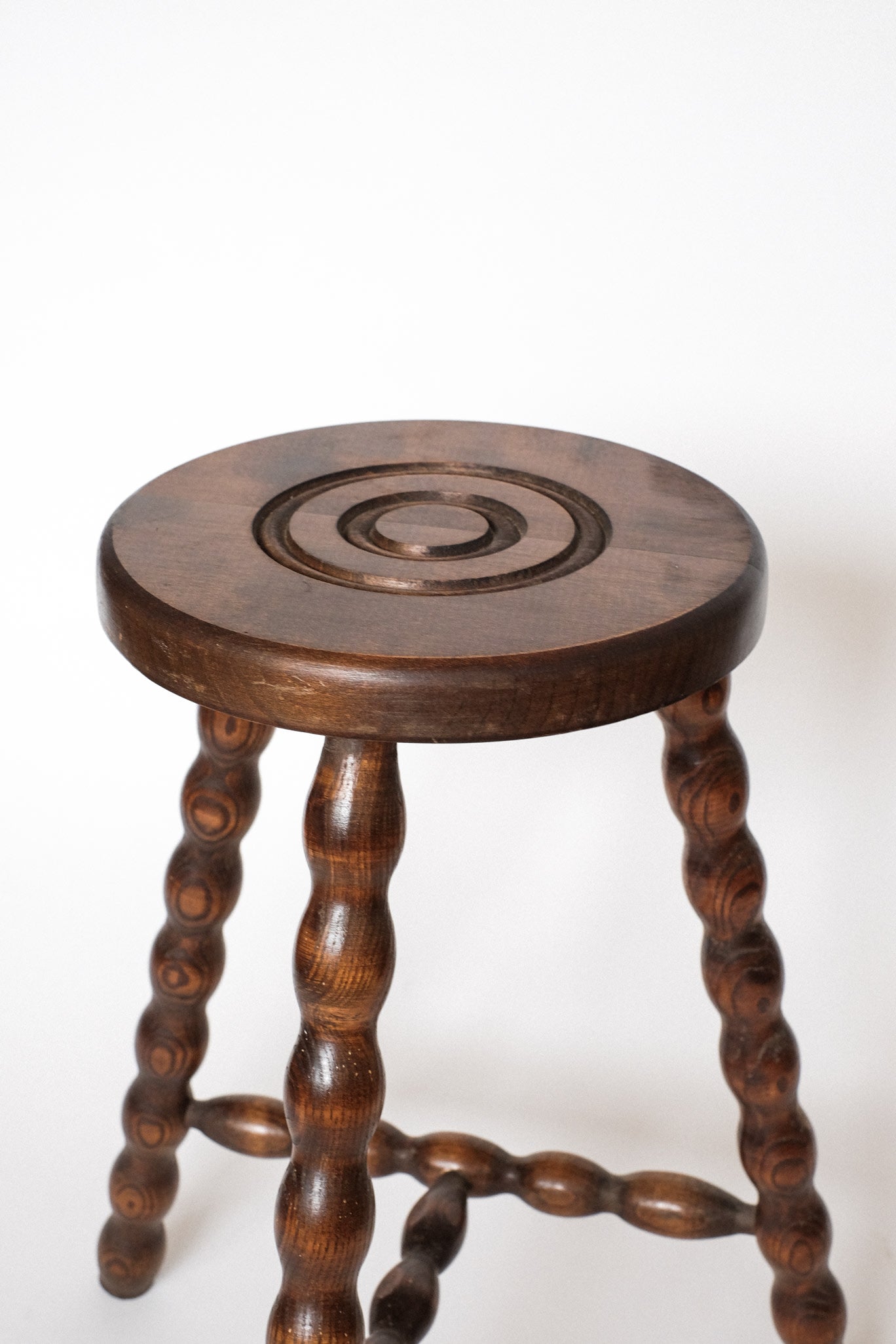 Charming Vintage French Bobbin Leg Wooden Stool — side angle