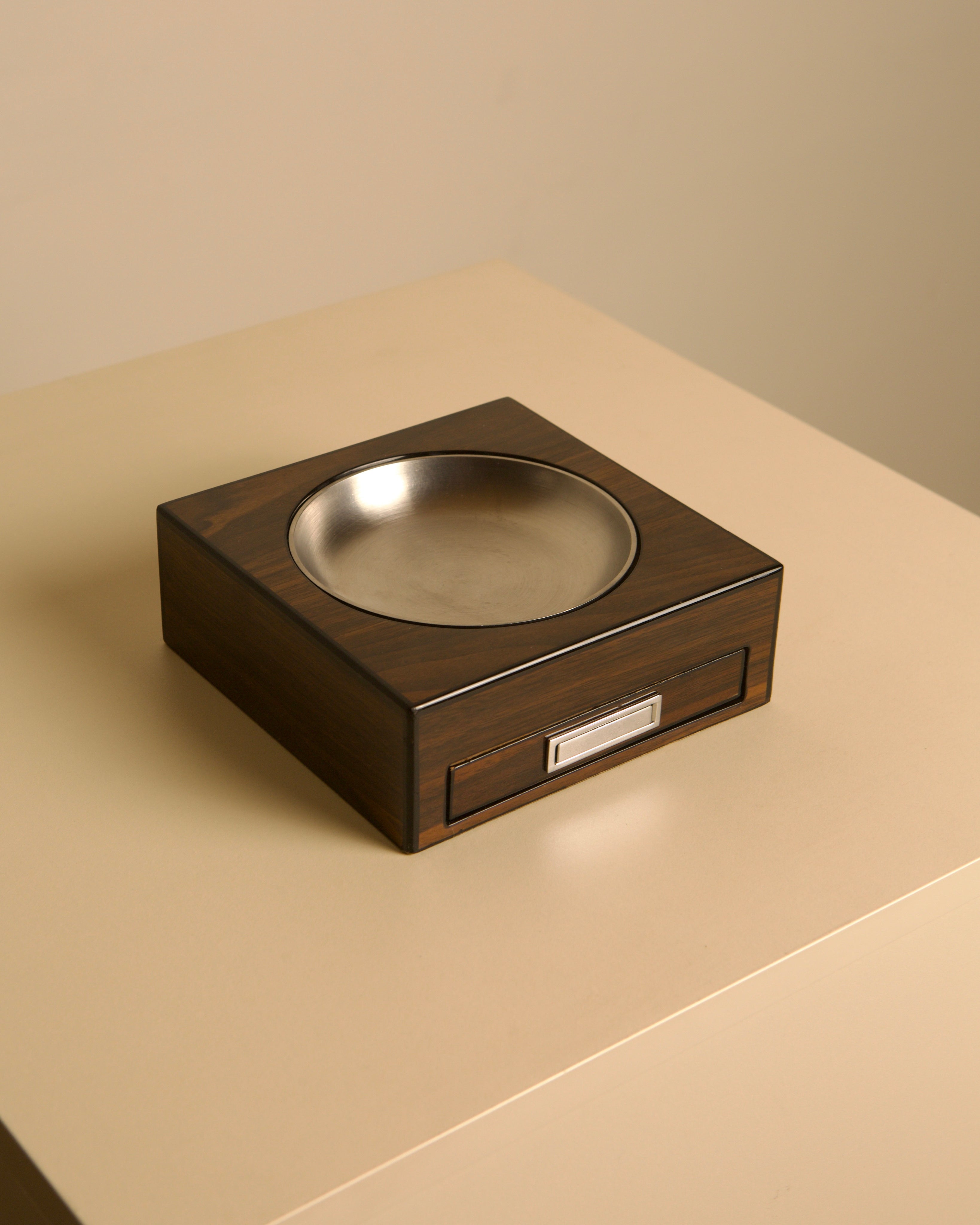 Italian rosewood veneer and steel box / catchall, 1980s — lifestyle setting