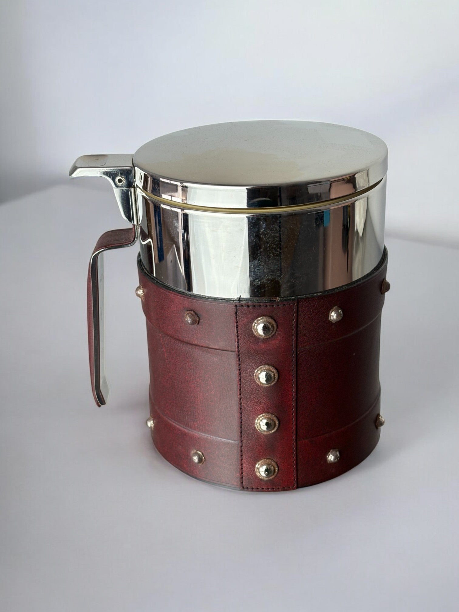 Regenc Ice Bucket, Italy, 1970s — side view highlighting leather and metal details