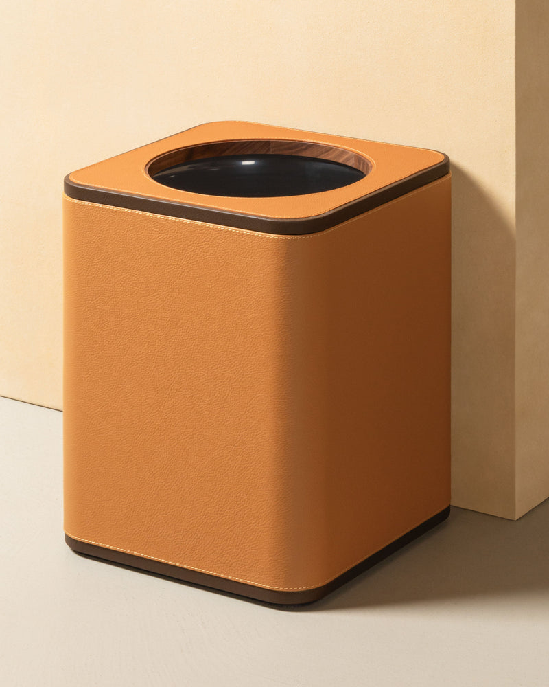 Orange leather square wastepaper bin with wooden trim by Giobagnara