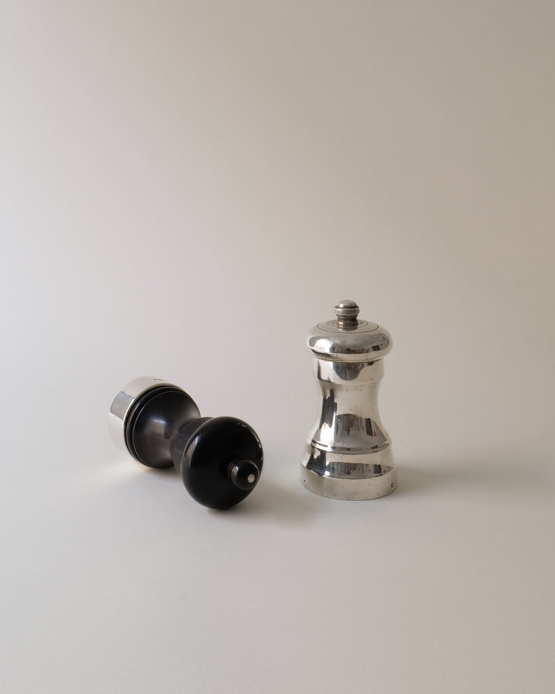 Silver pepper mill standing beside disassembled black salt grinder