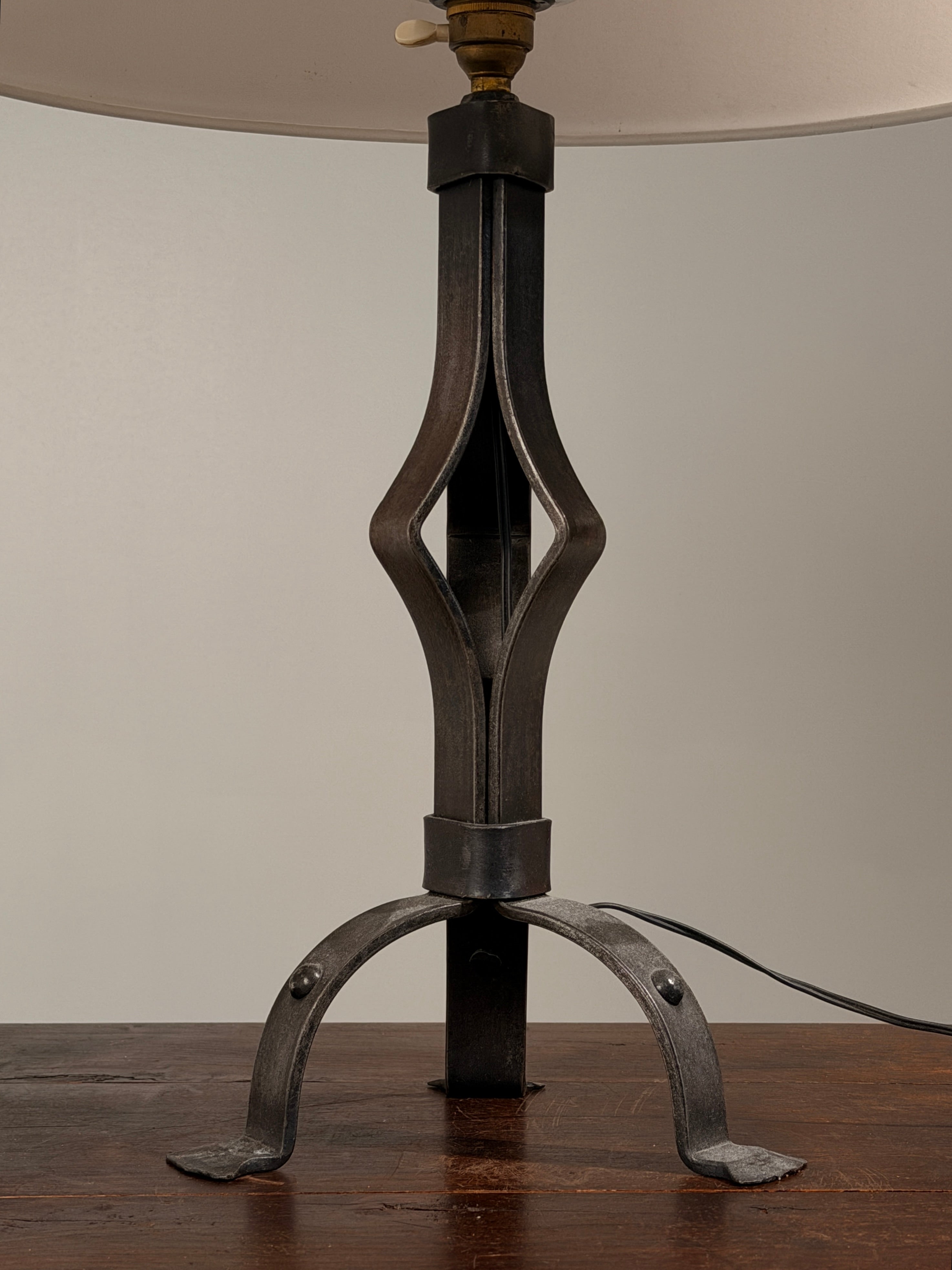 Wrought-iron lamp base, folk art, France, circa 1950 — side angle