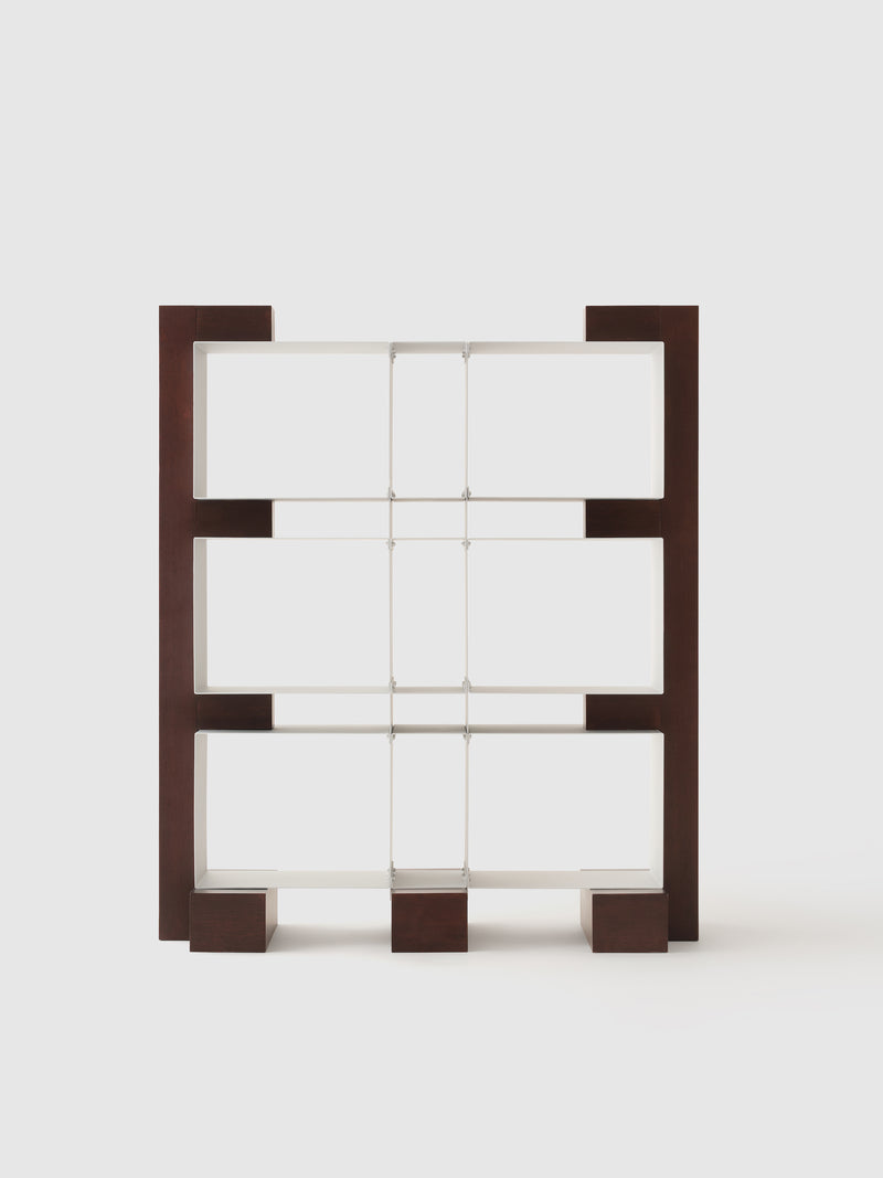 Modern geometric bookshelf with dark wood frame and white shelves