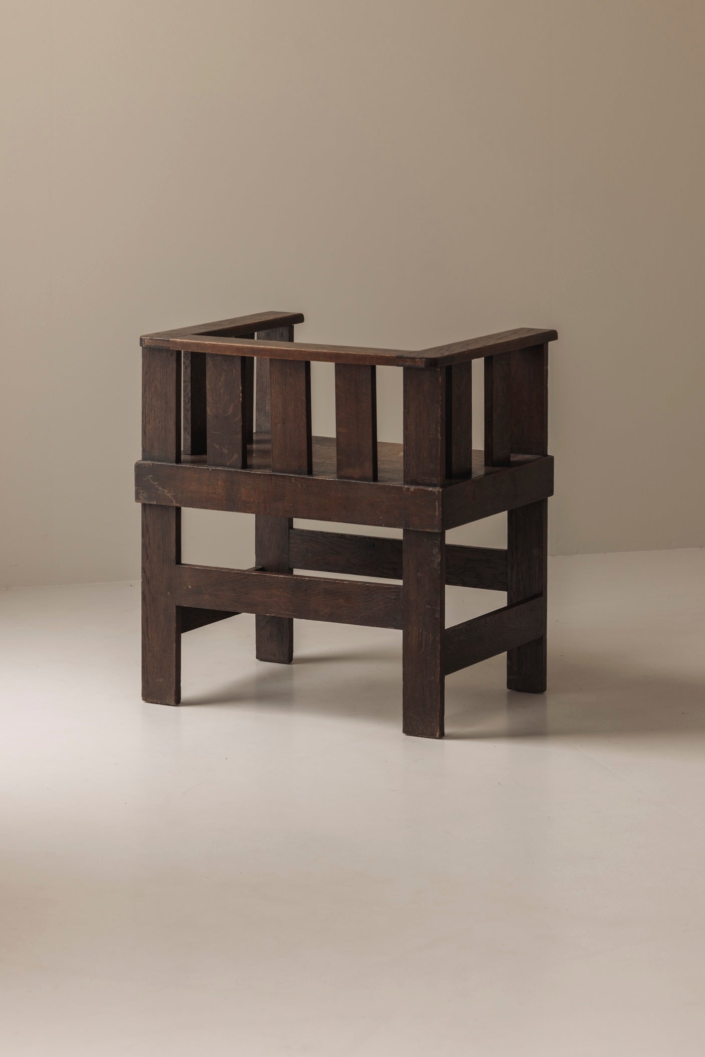Rare French armchair in said oak, early 1930s. — side angle