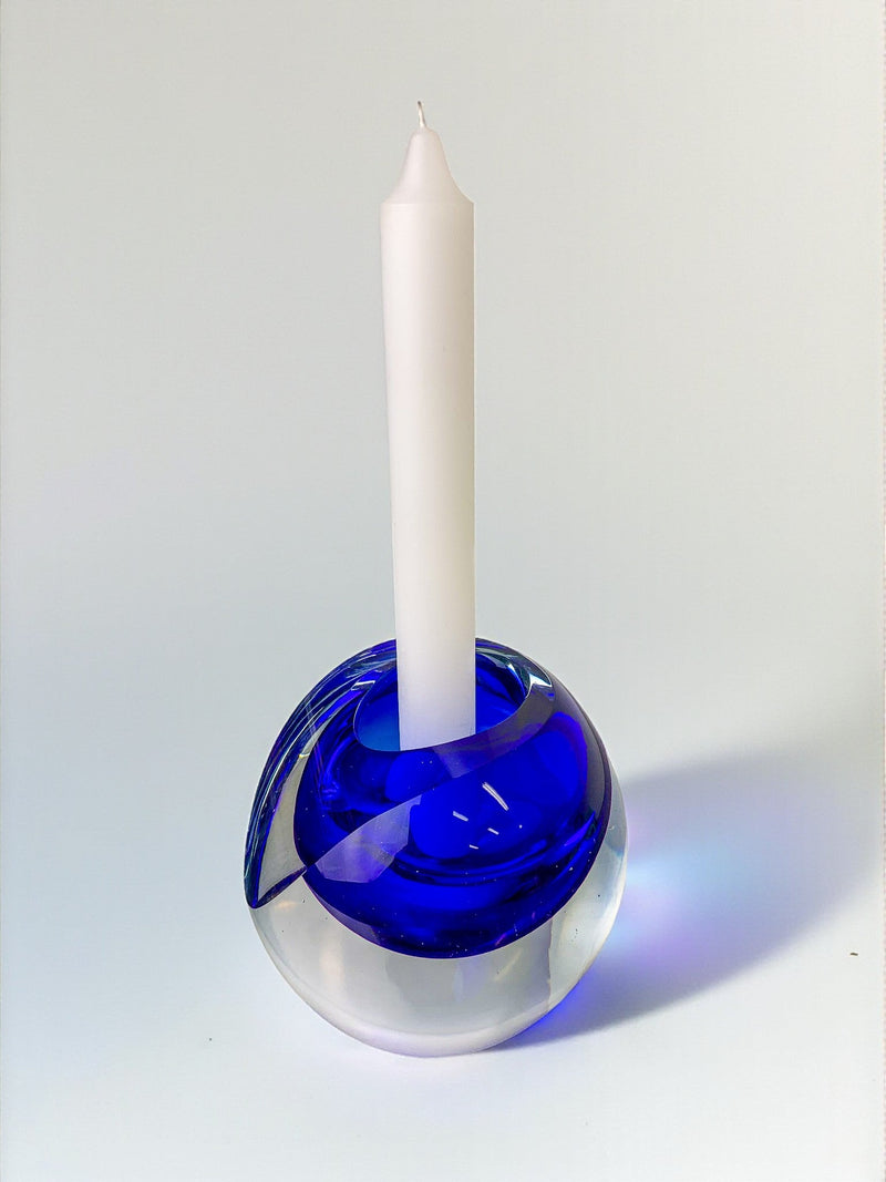 Italian Blue Sommerso Candleholder by Seguso, Murano, 1970's | The Oblist — handcrafted glass, vibrant blue