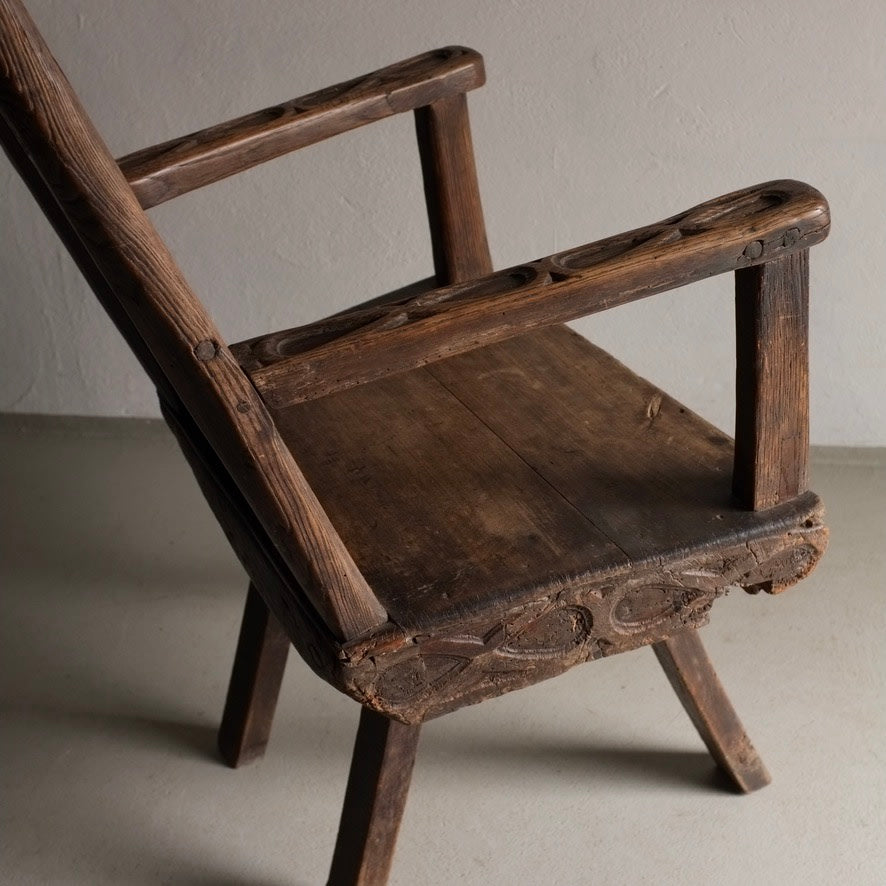 Antique Primitive Carved Oak Arm Chair, Belgium — back view highlighting carved details