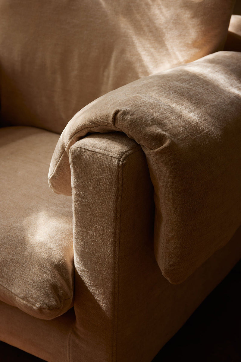 La Plume' Armchair in Dedar Belsuede Fabric — close-up of soft beige upholstery