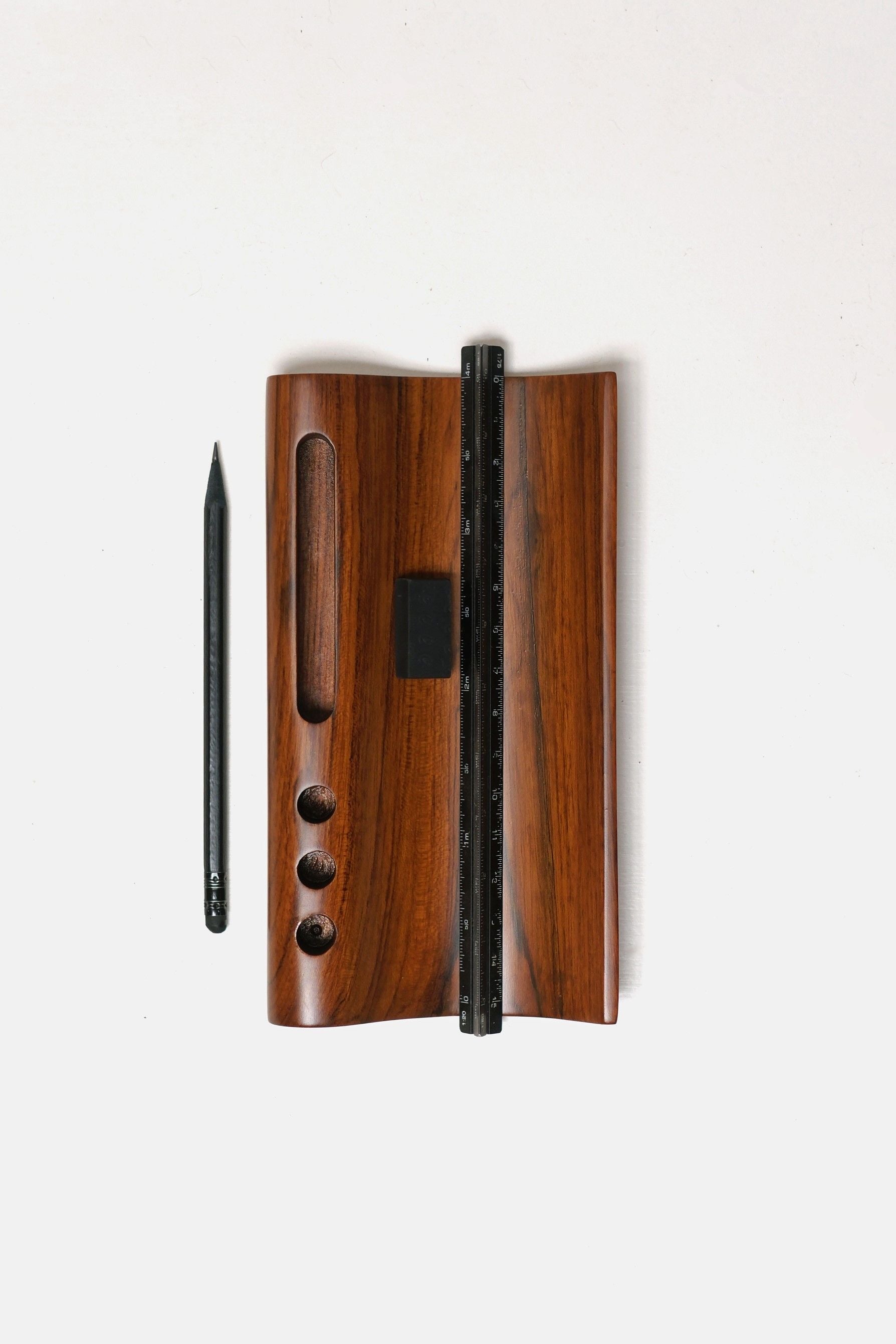 Taksh' Pen Holder — side angle showing rich wooden texture and pencil