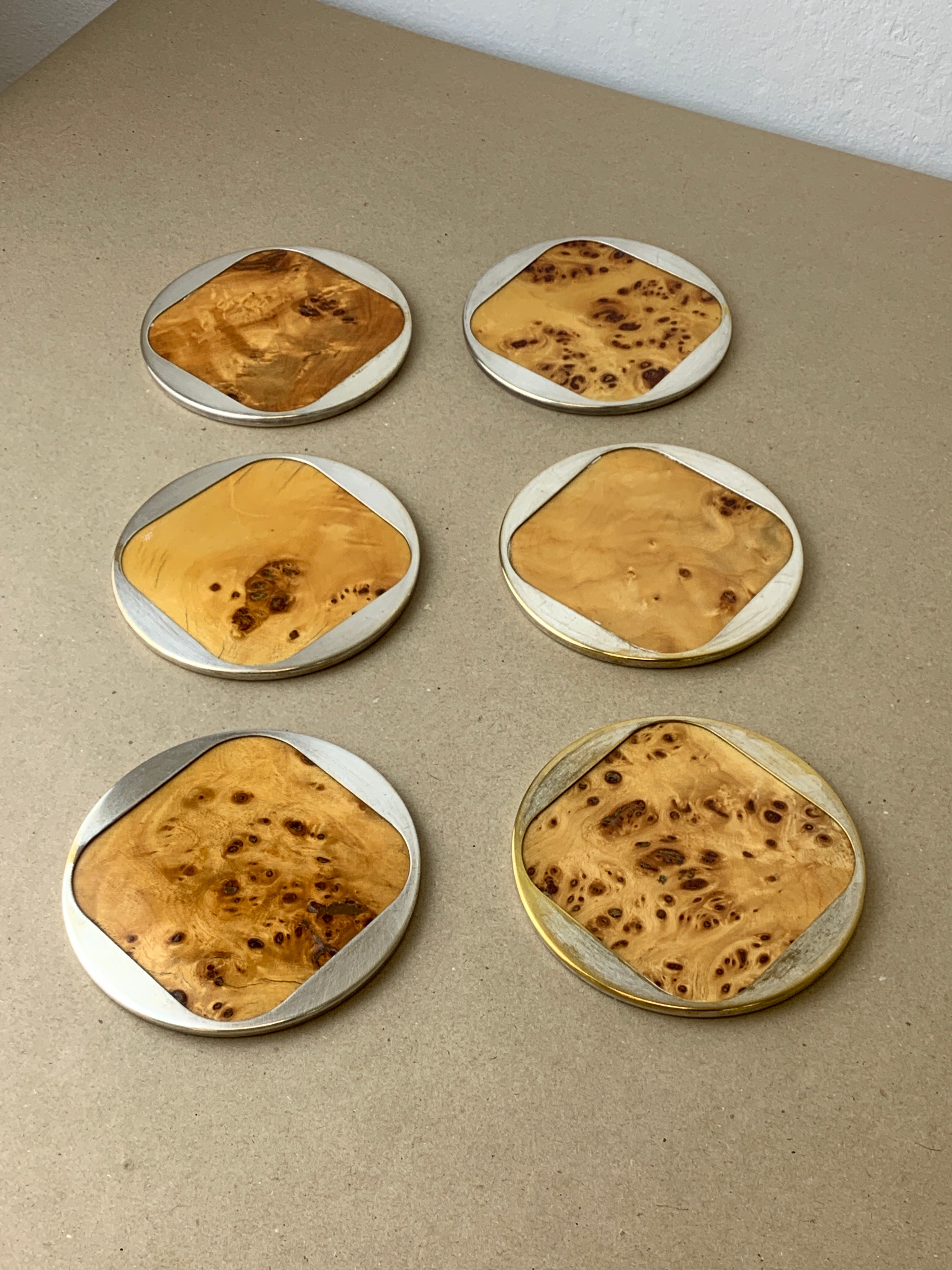 Aldo Tura Style Coasters in Lucite burl wood, set of 6, Italy, Circa 1970's — lifestyle setting