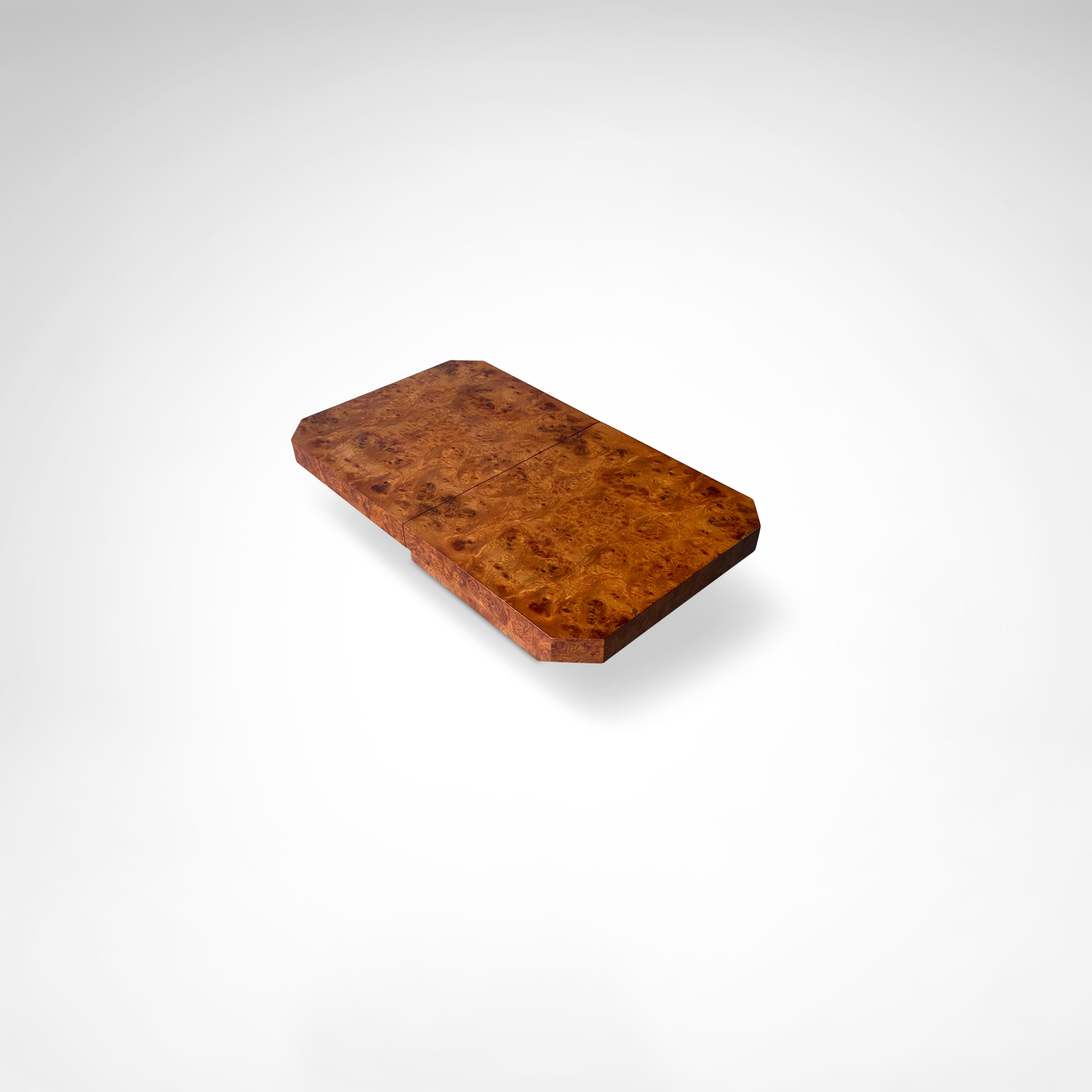 Burl wood coffee table with bar by Maison Lancel France 1980s — angled view highlighting rich wood grain
