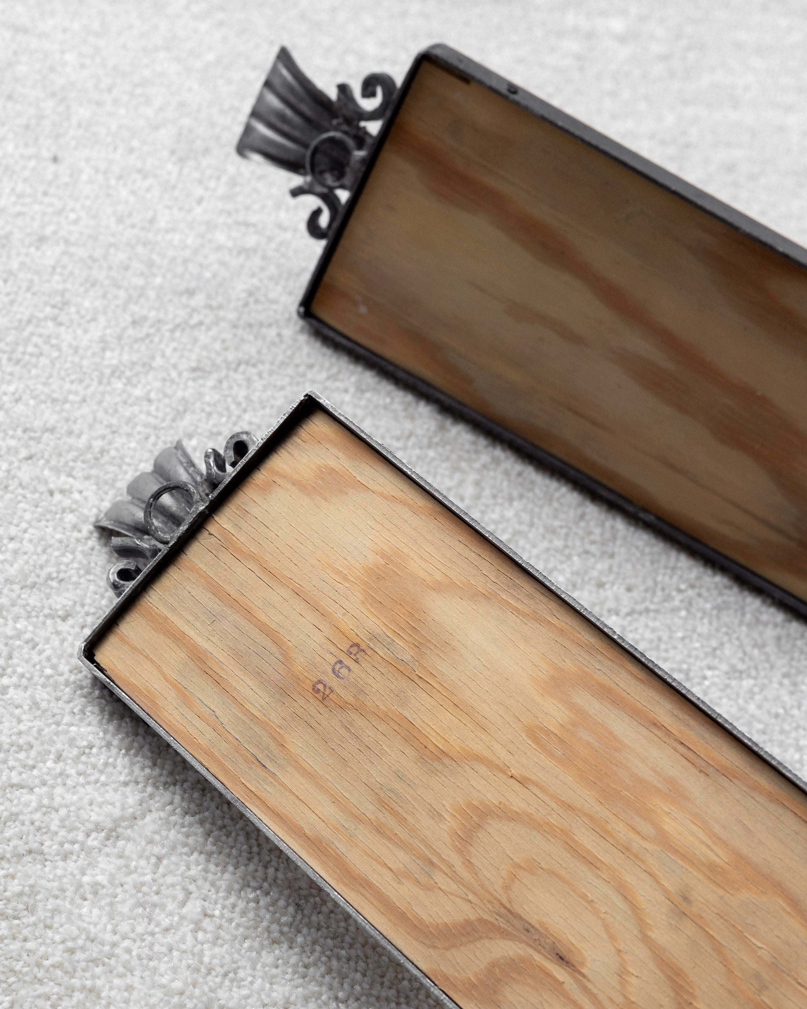 Pair of Art Deco Pewter Candle Sconces by Böhlmarks, Sweden, 1930s — back view showing wooden base and metal details
