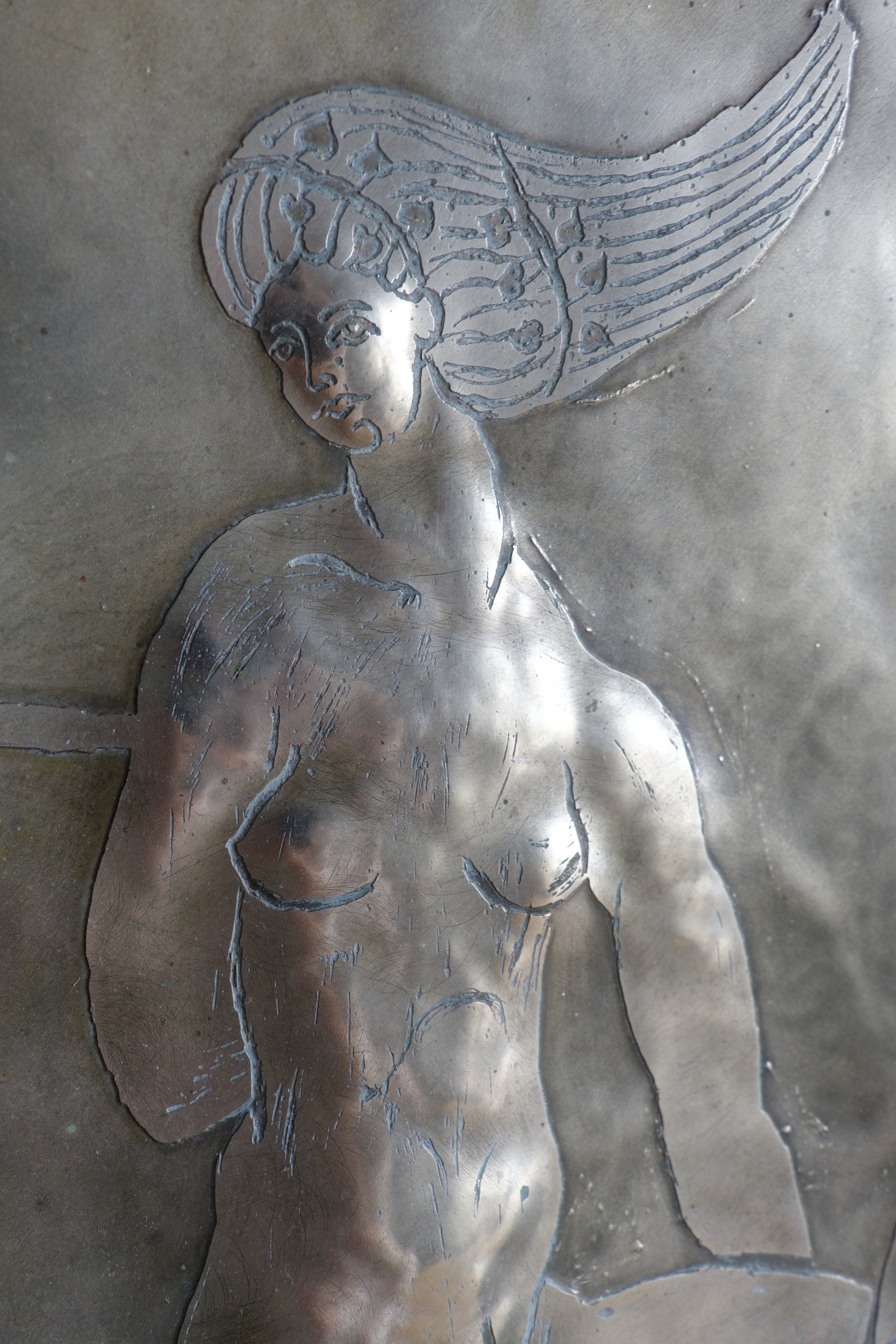 Brutalist large scale repousse wall plate, Spain, 1978 — detail view