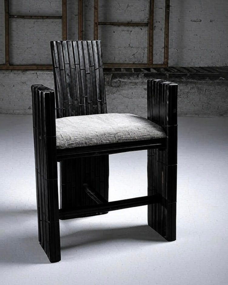 Black bamboo armchair with gray cushion and geometric backrest design