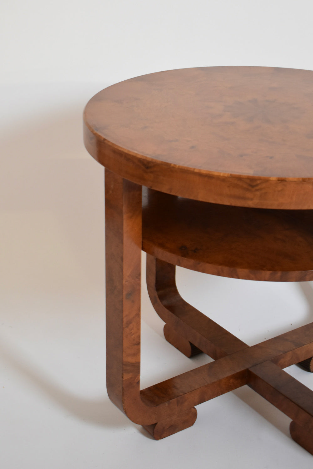 Art Deco Pedestal Table, 1920s — angled view of wooden surface and legs