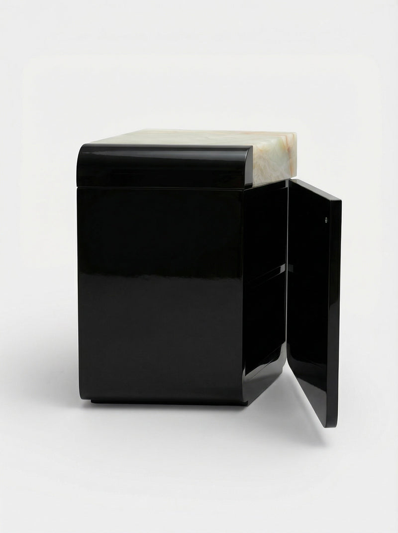 Amo Black Lacquered and Green Onyx — side view showing open drawer