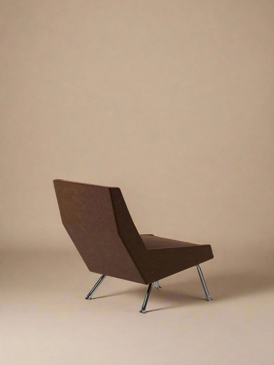 Kent Armchair — side angle showing brown fabric and metal legs