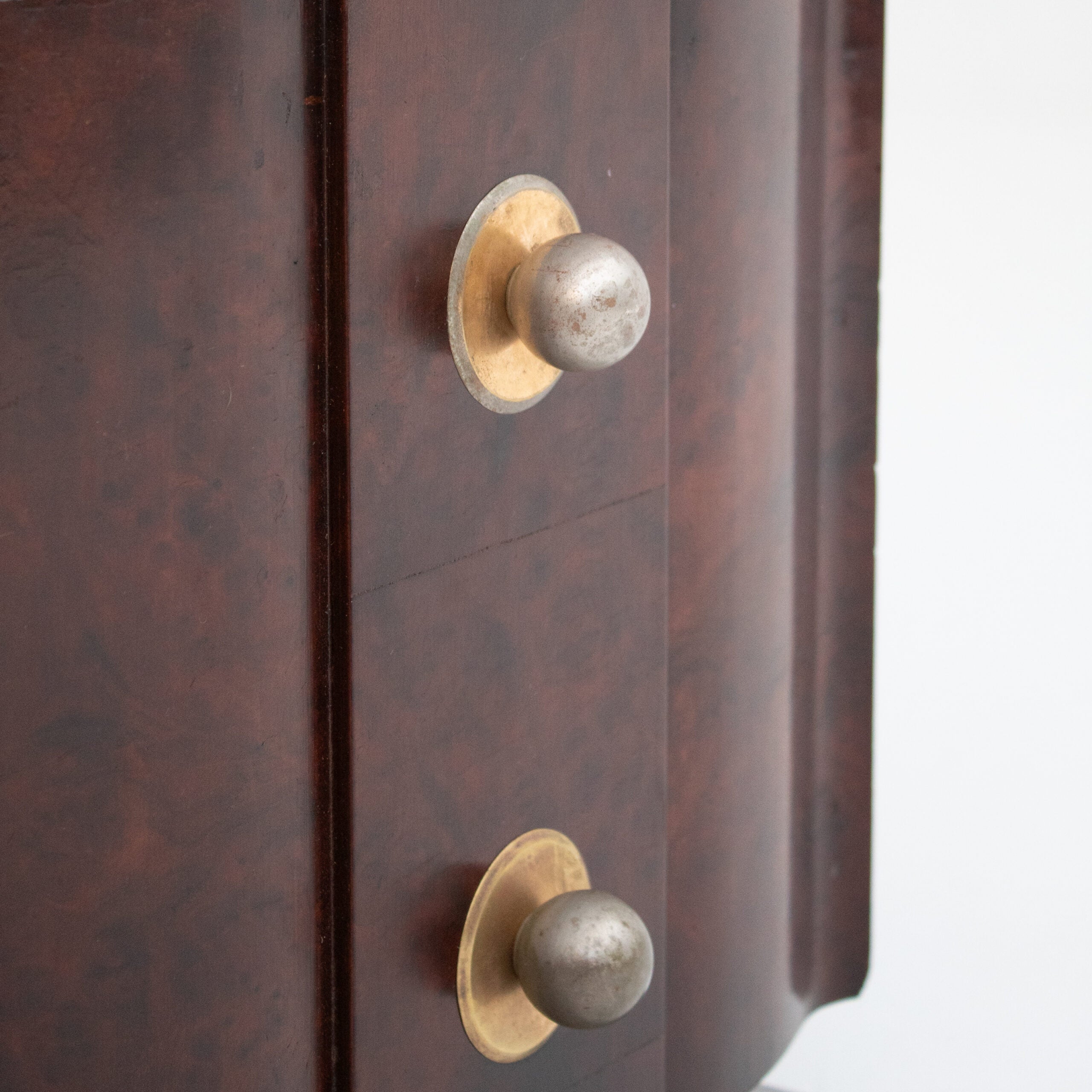 Art Deco Bedside Cabinet in Burr Walnut with Brass Hardware — in context